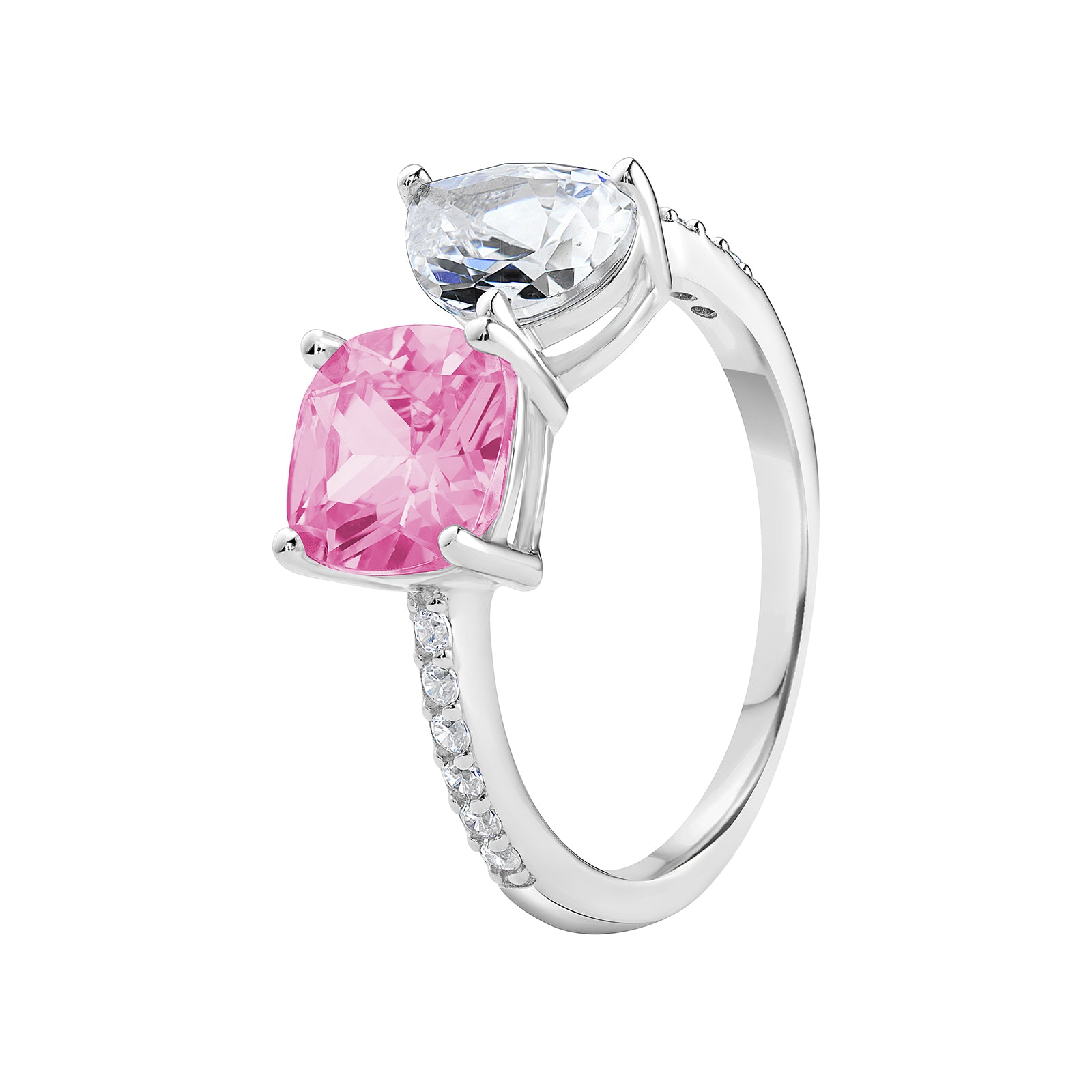 Silver ring with pink and clear gemstones on a white background