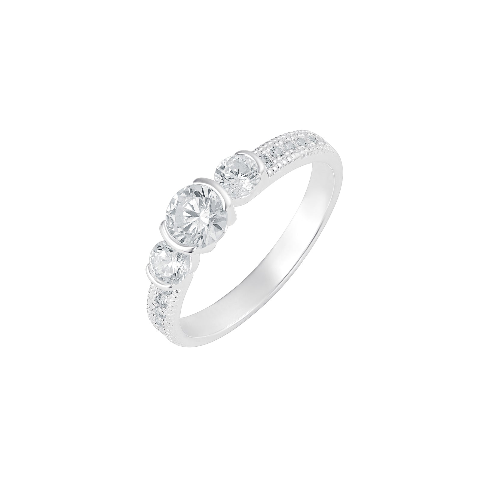 Sterling Silver Three Stone Cubic Zirconia Ring with Pave Band – Elegant Jewellery | Size N