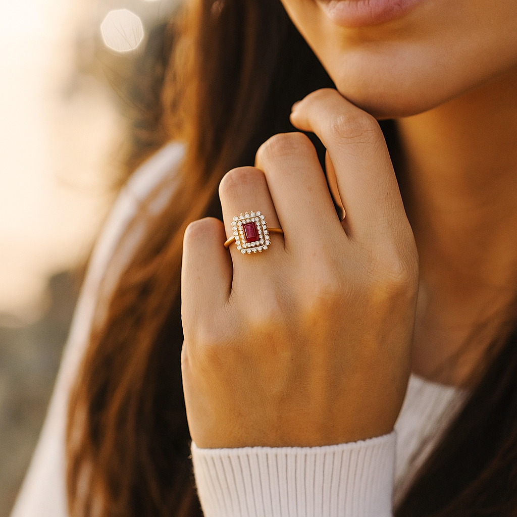 Stunning Ruby and Diamond Cluster Ring in 18ct Yellow Gold | Gift Jewellery | Size L