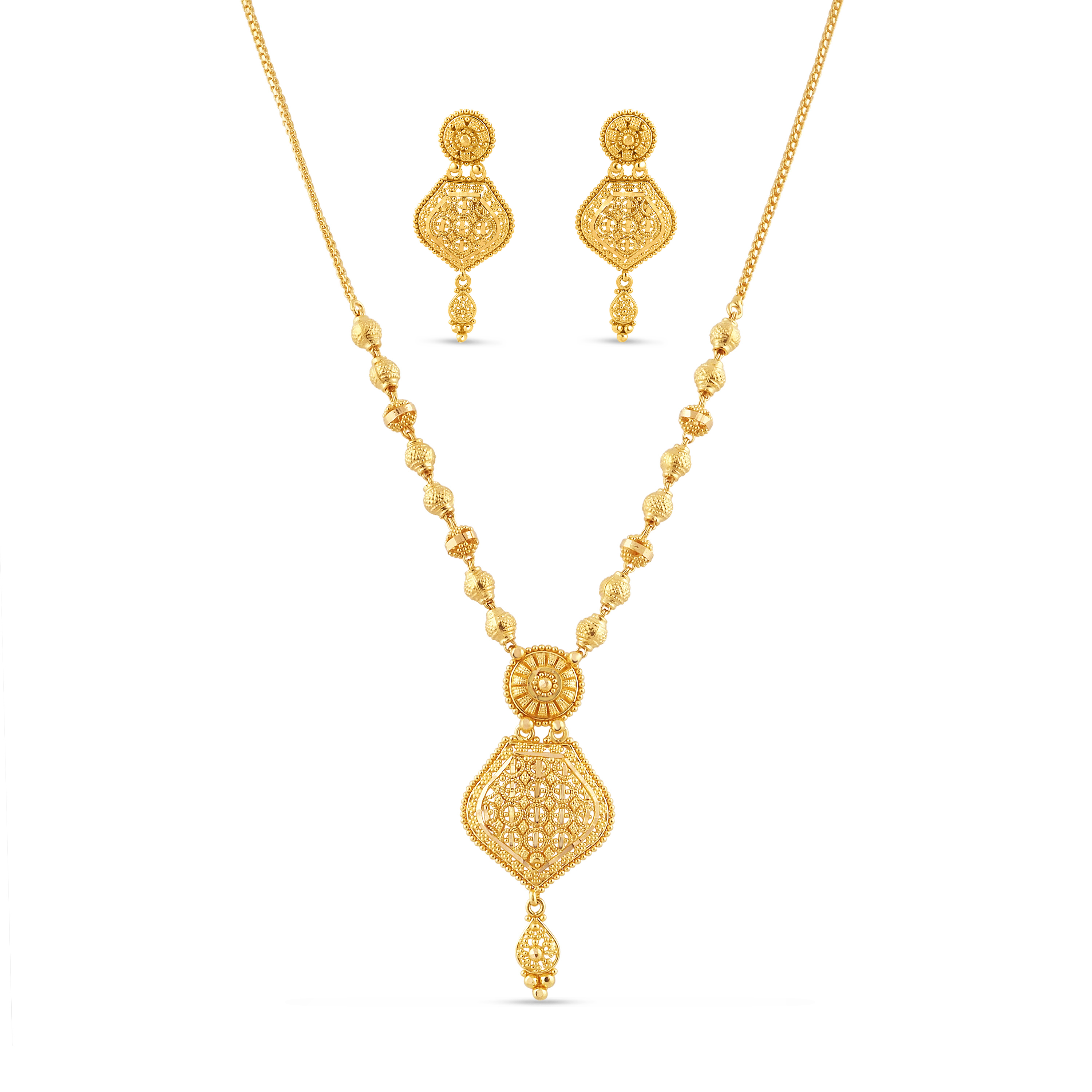 22ct Yellow Gold Filigree Necklace & Drop Earrings Set – Traditional Bridal Jewellery