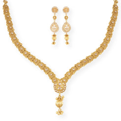 Vintage-Inspired 22ct Gold Filigree Necklace and Earrings Set with Cubic Zirconia Accents