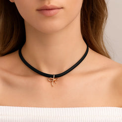 Sterling Silver Leather Choker Necklace with Rose Gold Plated Ribbon Detail – Modern Women’s Jewellery