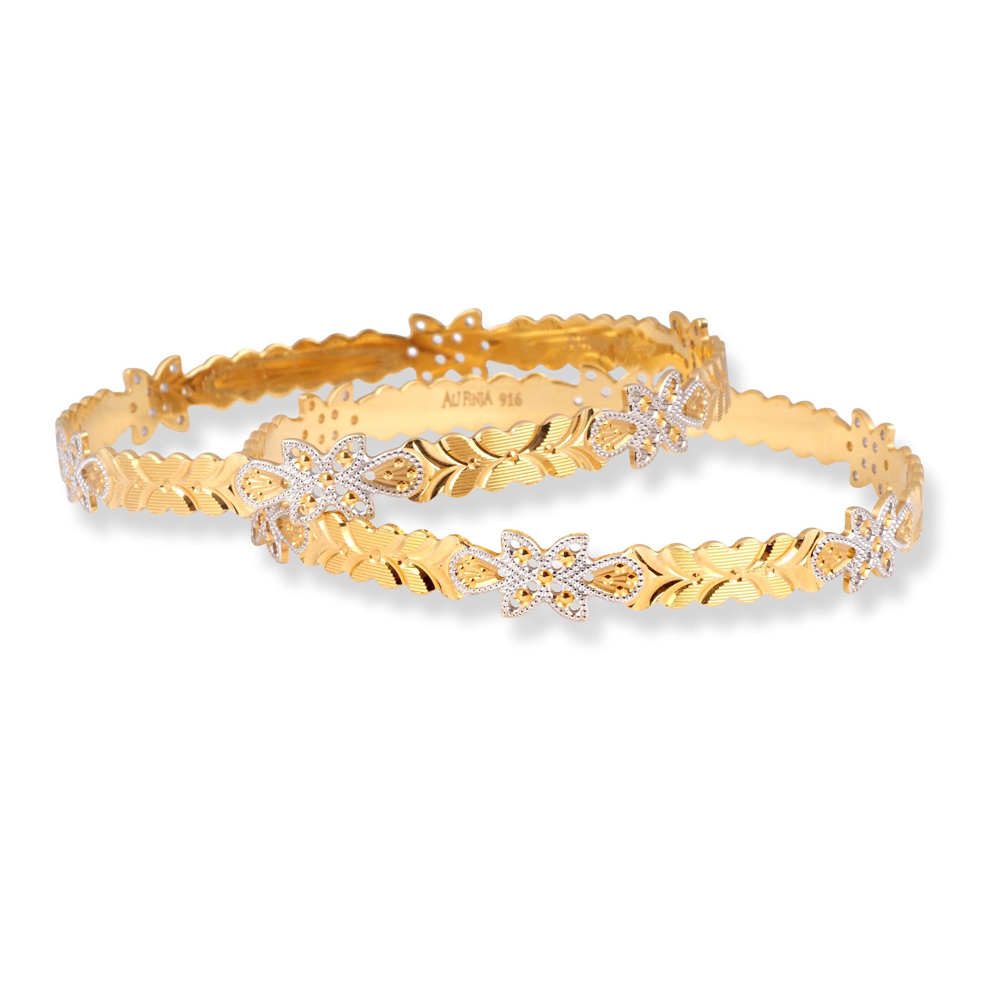 Pair of 22ct Gold Bangles with Flower Design and Rhodium Plating B-8566 - Minar Jewellers