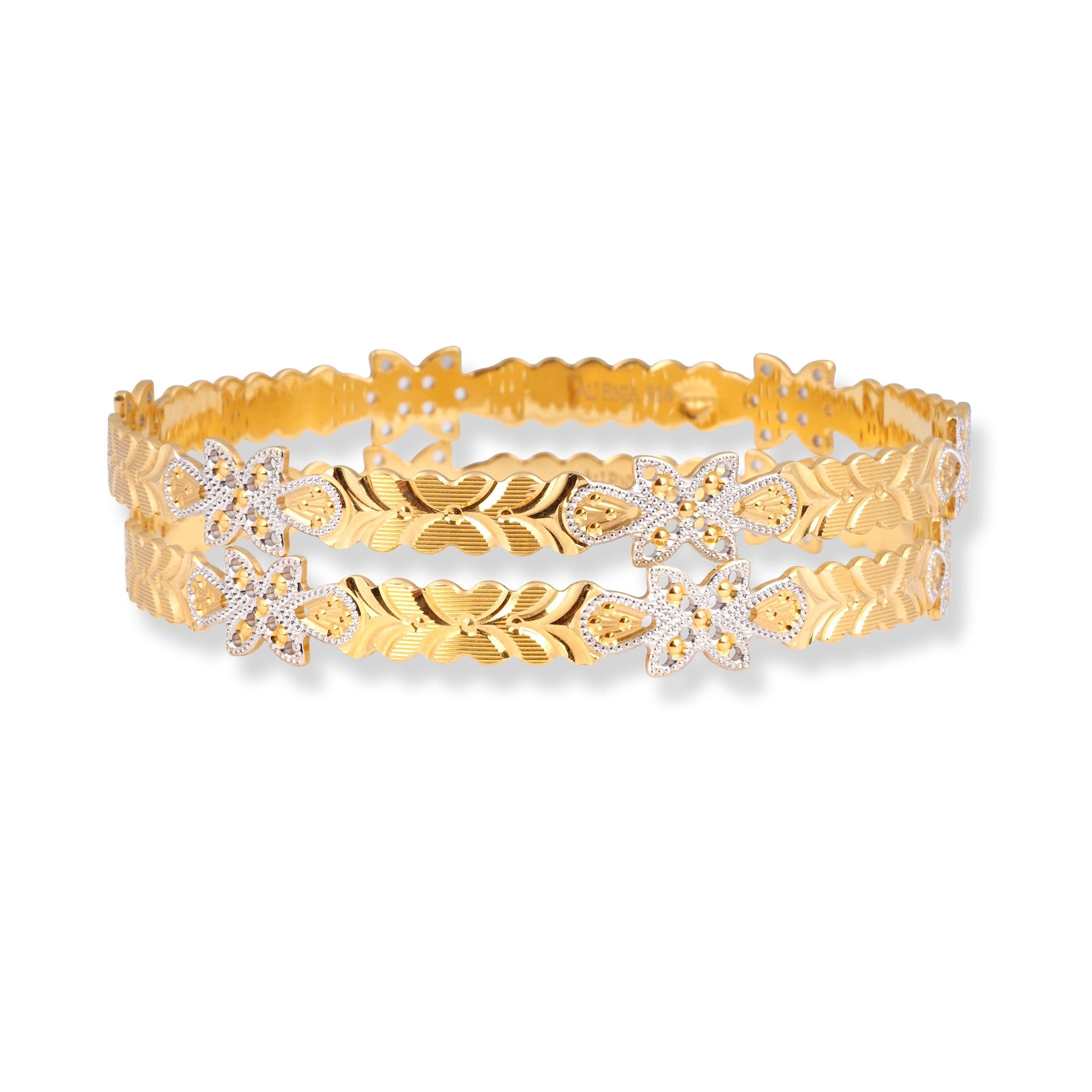 Pair of 22ct Gold Bangles with Flower Design and Rhodium Plating B-8566