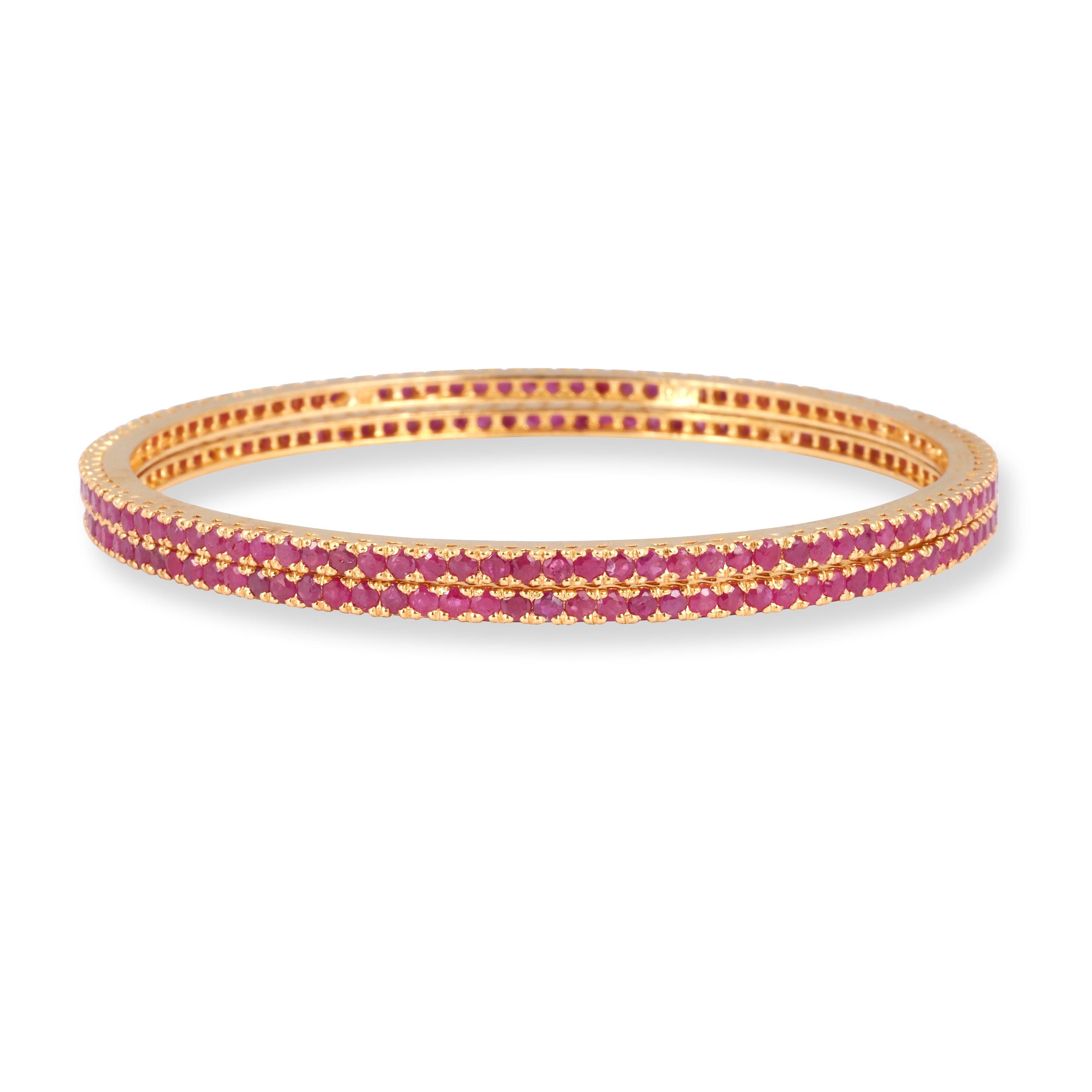 Pair of 22ct Gold Bangles with Pink Stones B-8562 - Minar Jewellers