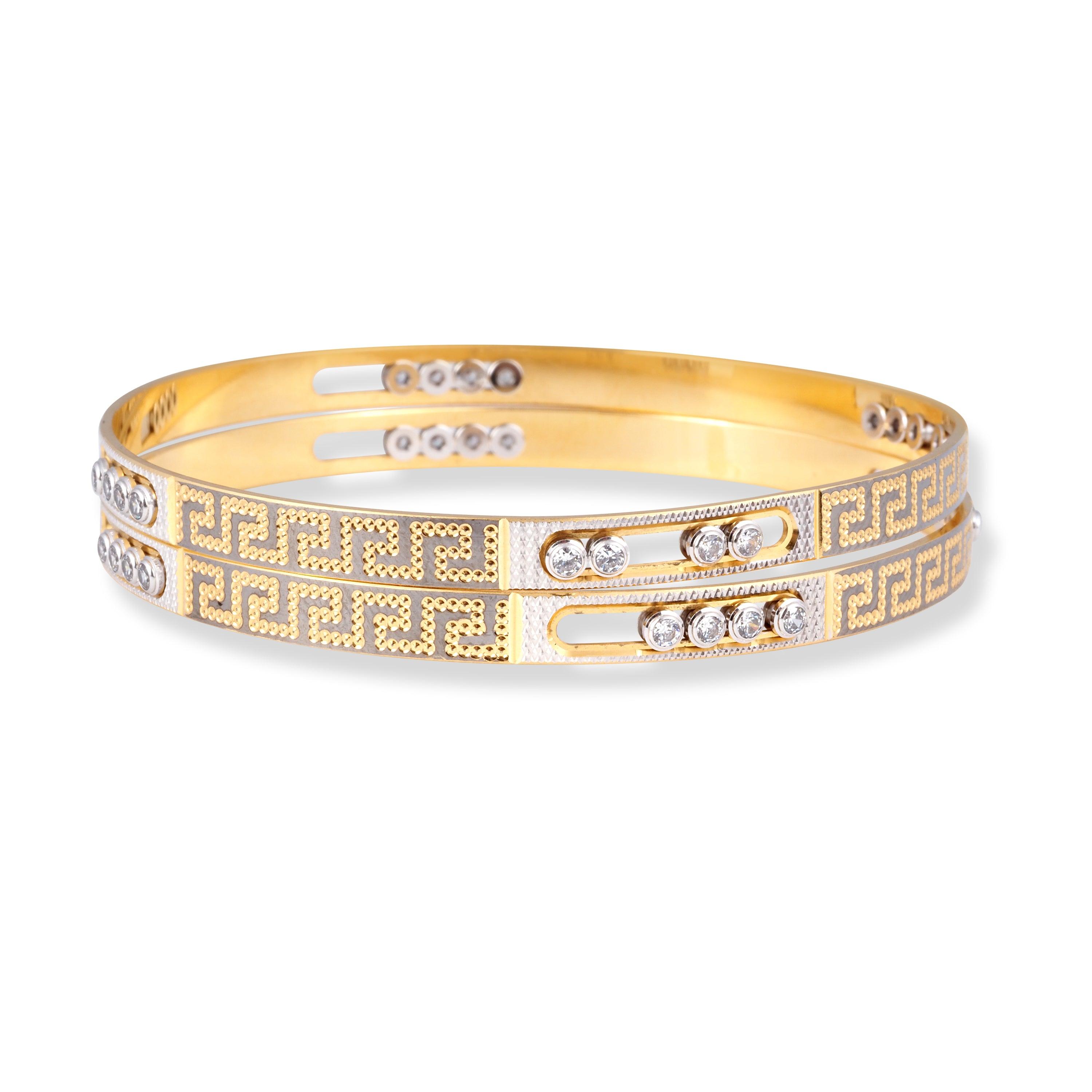 Pair of 22ct Gold Bangles with Sliding Bezel Set Cubic Zirconia Stones with Rhodium & Diamond Cut Design B-8312 - Minar Jewellers