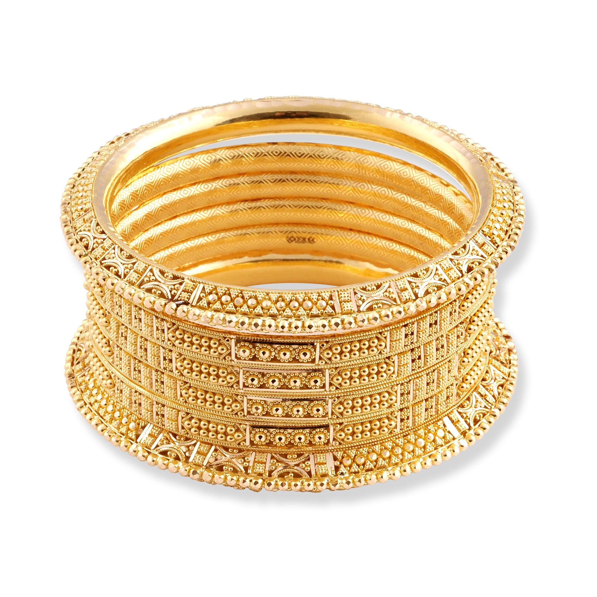 Set of Six 22ct Gold Bangles with Diamond Cut Bead Design and Filigree Work B-8570