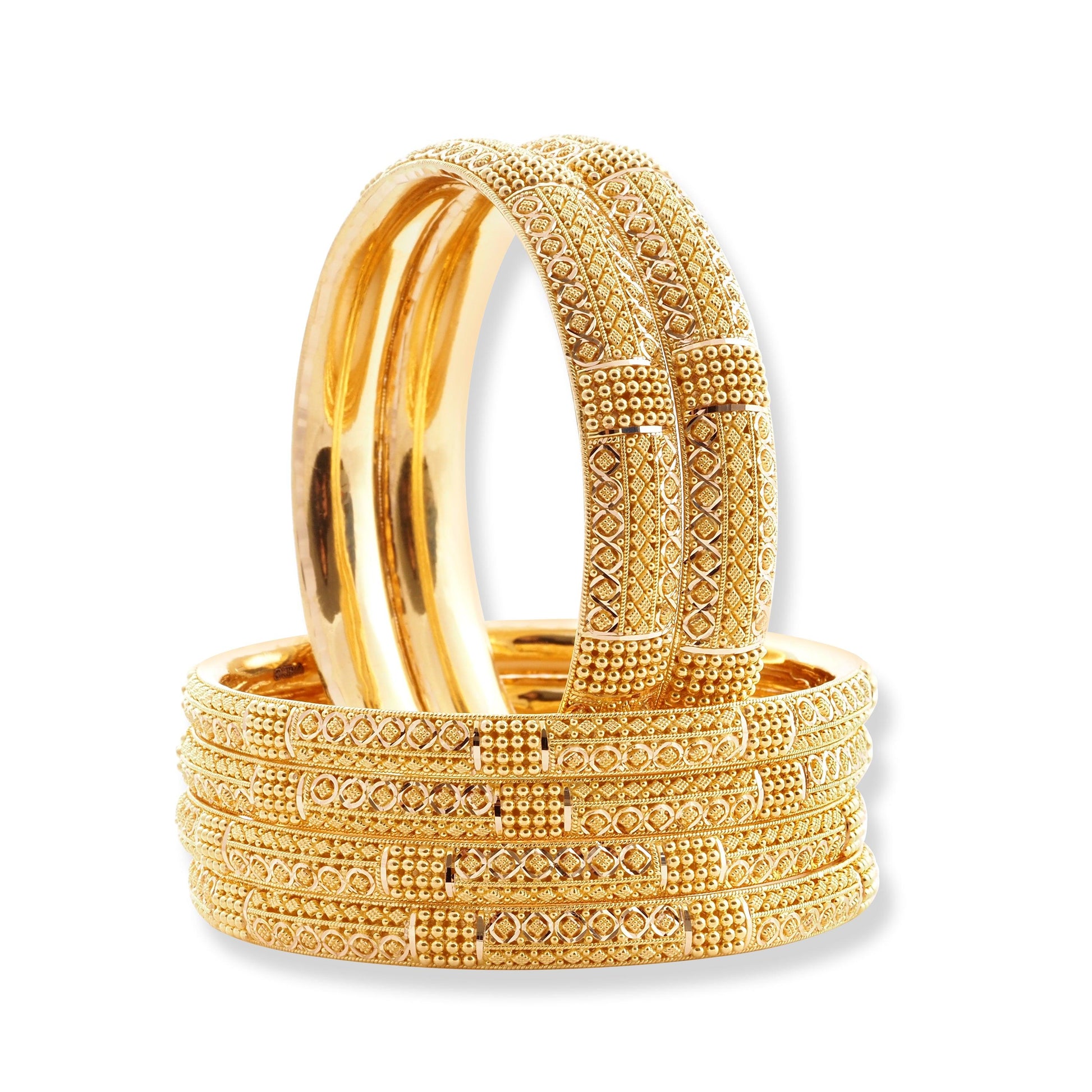 Set of Six 22ct Gold Bangles with Diamond Cut Bead Design and Filigree Work B-8571 - Minar Jewellers