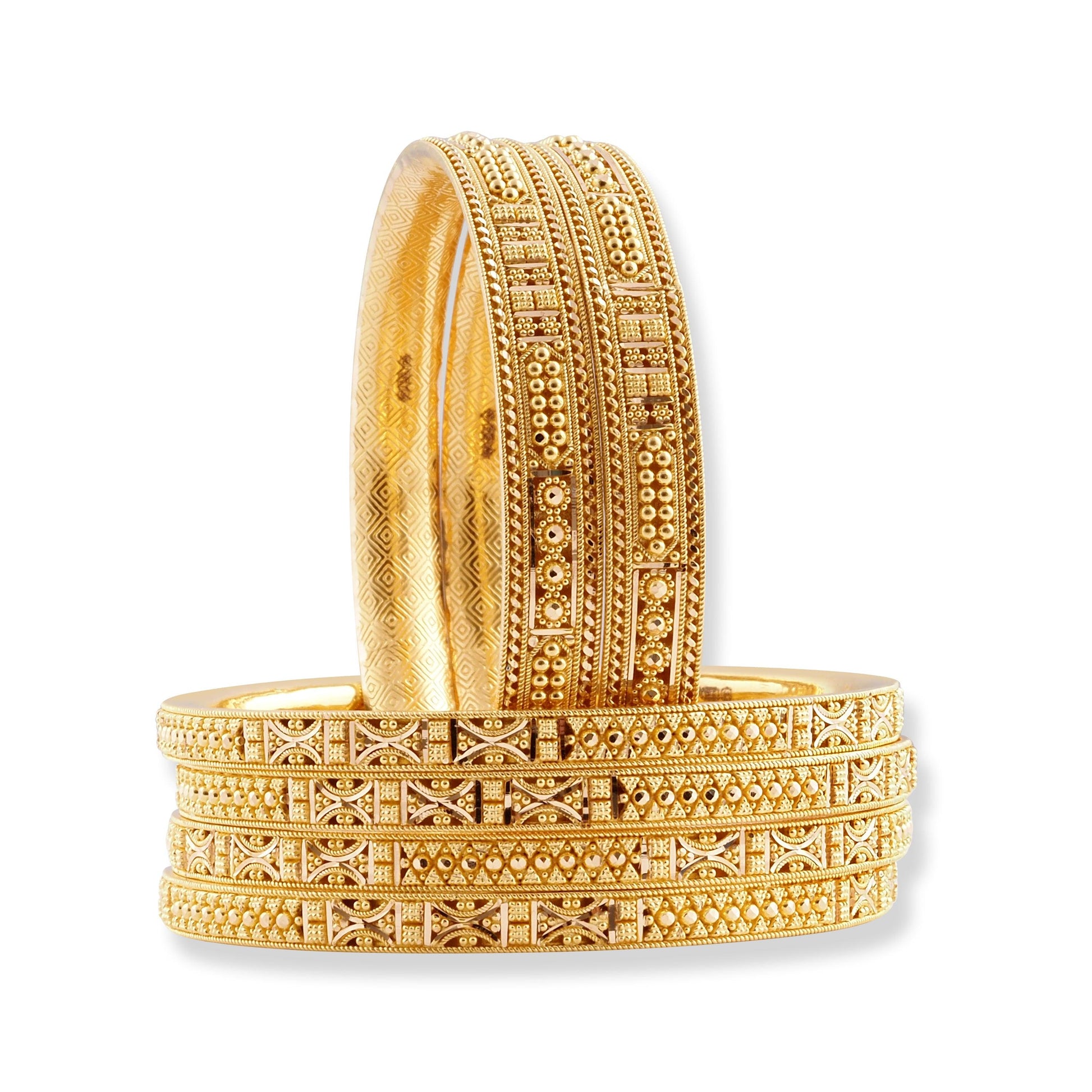 Set of Six 22ct Gold Bangles with Diamond Cut Design and Filigree Work B-8573 - Minar Jewellers