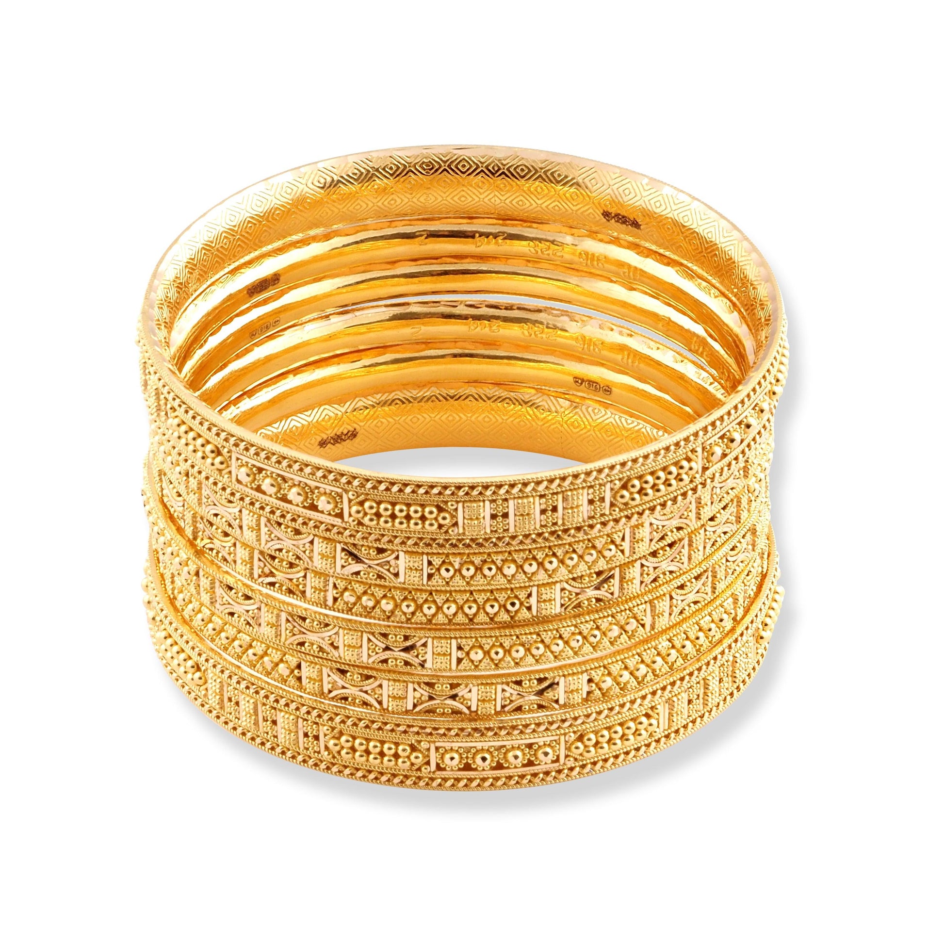 Set of Six 22ct Gold Bangles with Diamond Cut Design and Filigree Work B-8573 - Minar Jewellers
