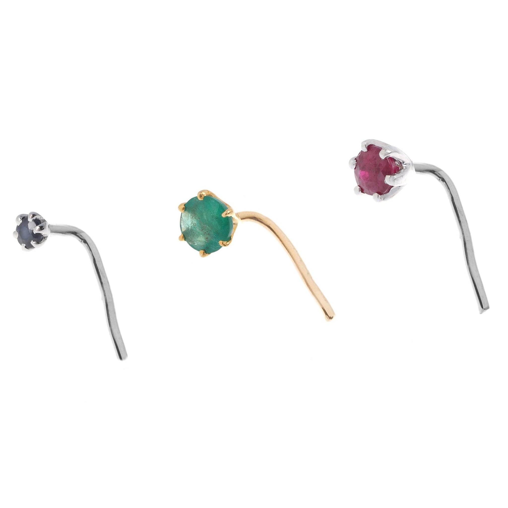 18ct Gold Emerald┋Ruby┋Sapphire L Shape Back Nose Stud (0.02ct - 0.10ct)