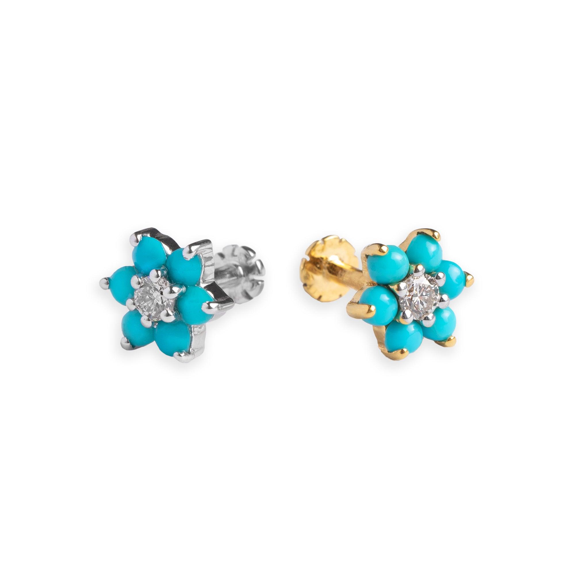 18ct Gold Diamond and Turquoise Cluster Screw Back Nose Stud MCS2501 - Minar Jewellers