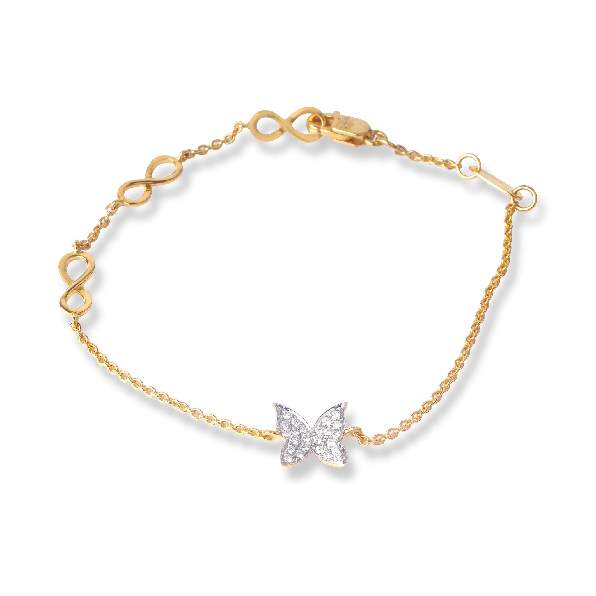 18ct Yellow Gold Adjustable Diamond Bracelet with Butterfly and Infinity Symbol Design and Lobster Clasp MCS6252