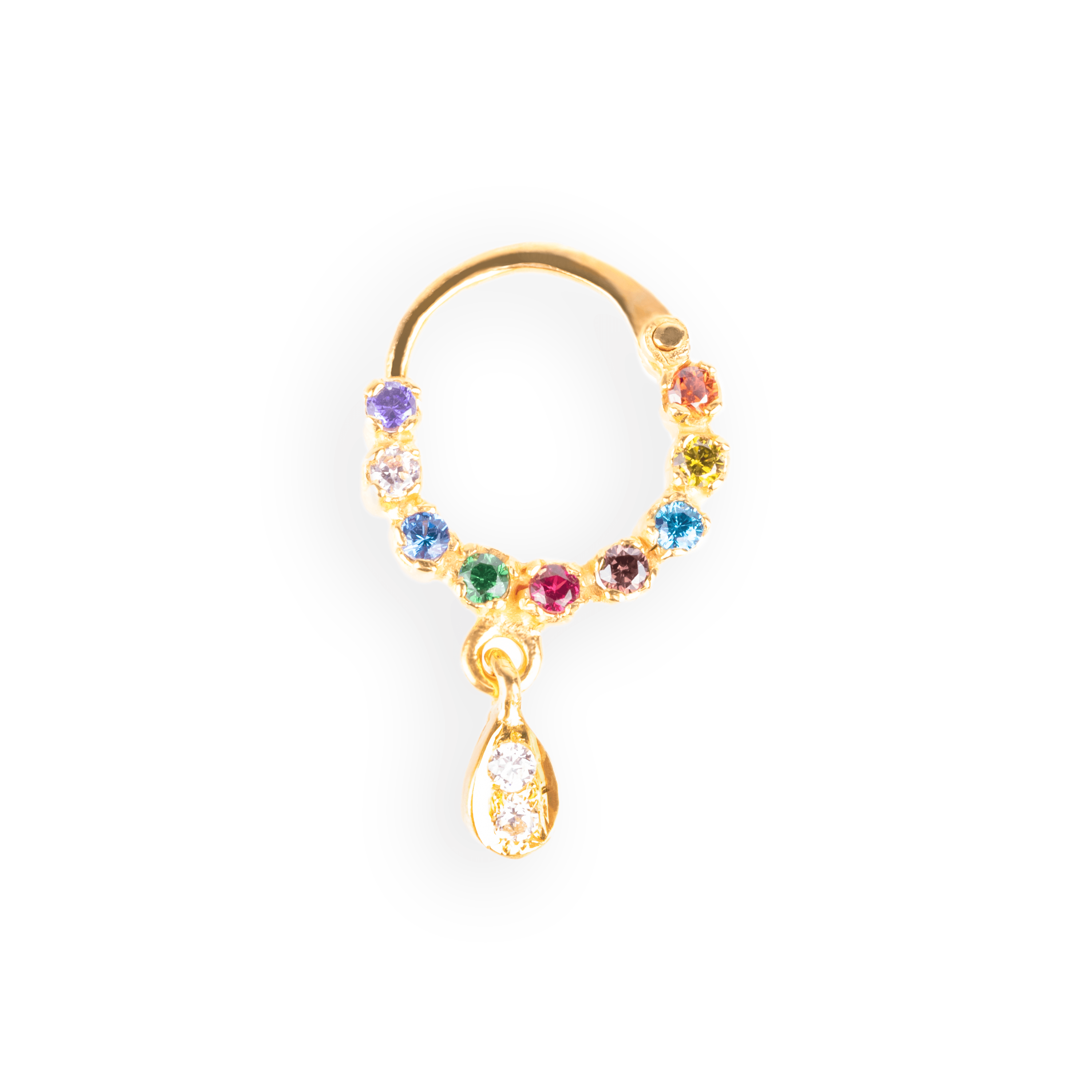 18ct Yellow Gold Nose Ring with Multi-Coloured Cubic Zirconias and a Drop NR-7586 - Minar Jewellers