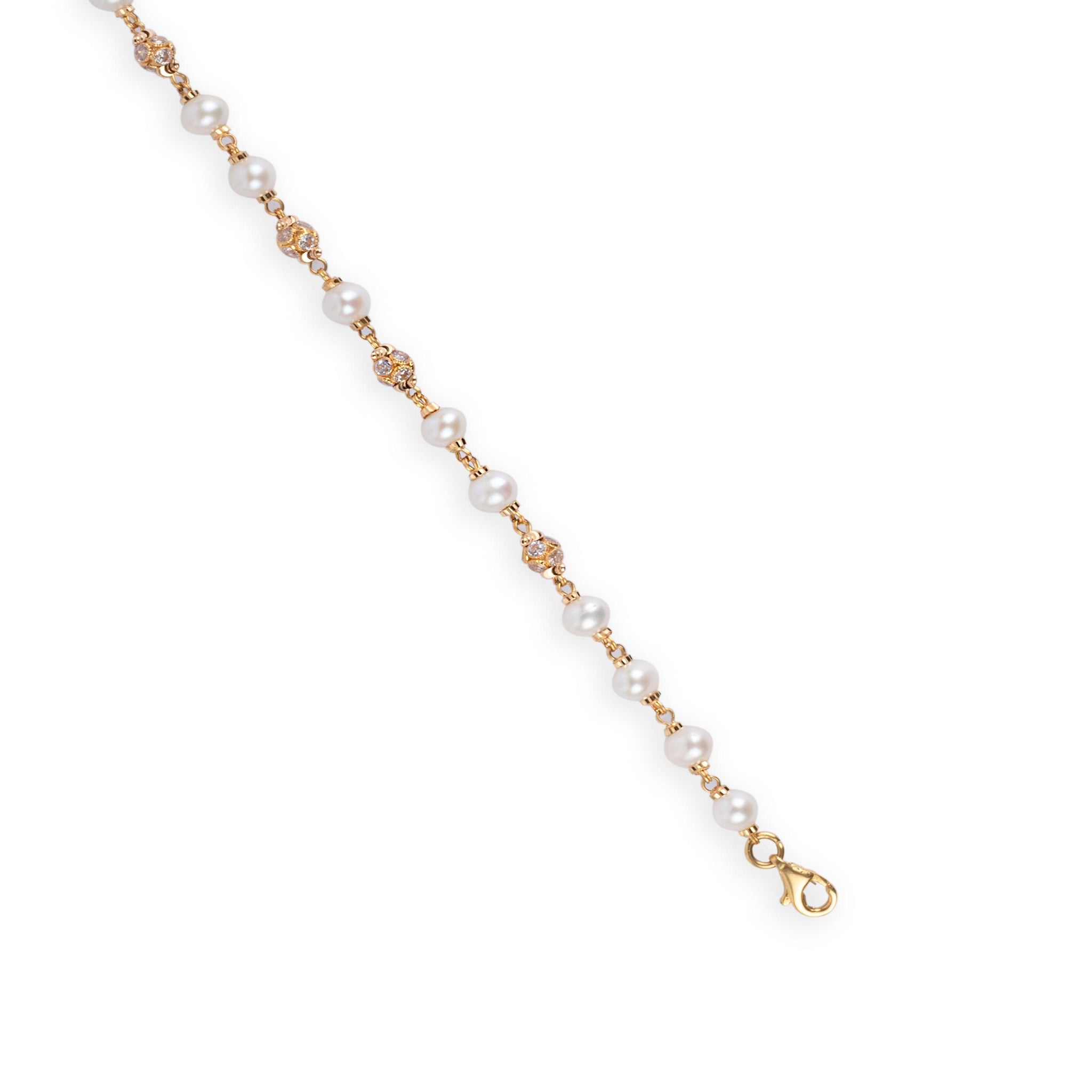 22ct Gold Adjustable Bracelet with Cultured Pearls & Cubic Zirconia Beads with Lobster Clasp (6.2g) LBR-7135