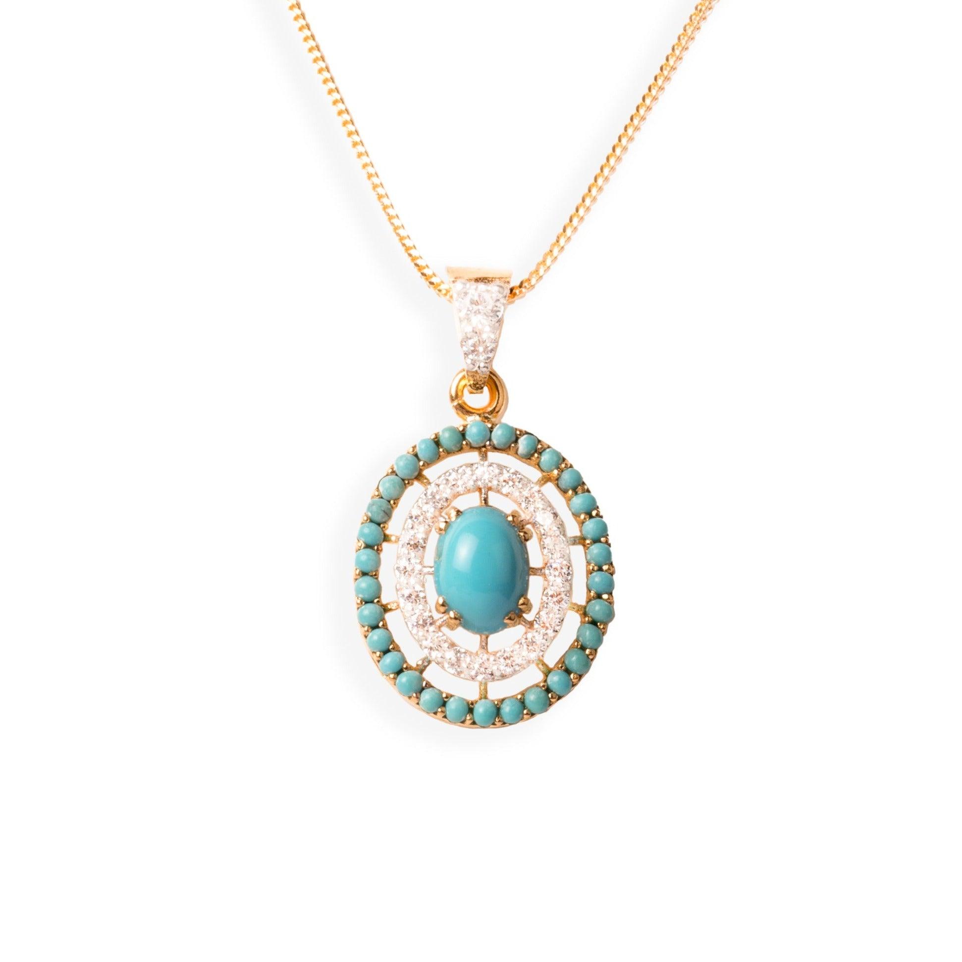22ct Gold Cubic Zirconia and Turquoise Chain, Pendant and Earrings Set C-5779 P-7301 E-7301 - Minar Jewellers