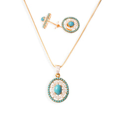 22ct Gold Cubic Zirconia and Turquoise Chain, Pendant and Earrings Set C-5779 P-7301 E-7301 - Minar Jewellers