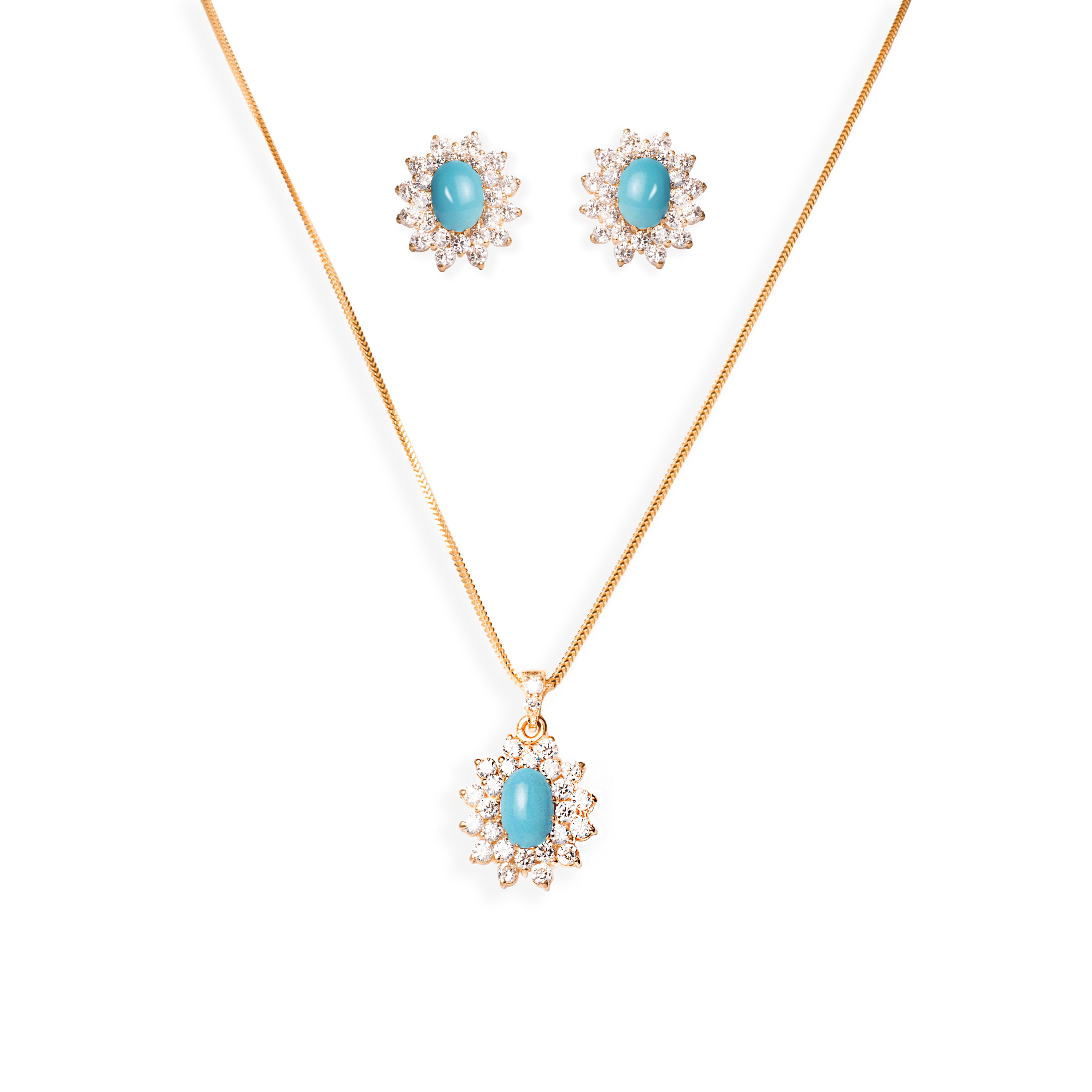 22ct Gold Cubic Zirconia and Turquoise Chain, Pendant and Earrings Set (10.2g) C-3795 P-7300 E-7300 - Minar Jewellers