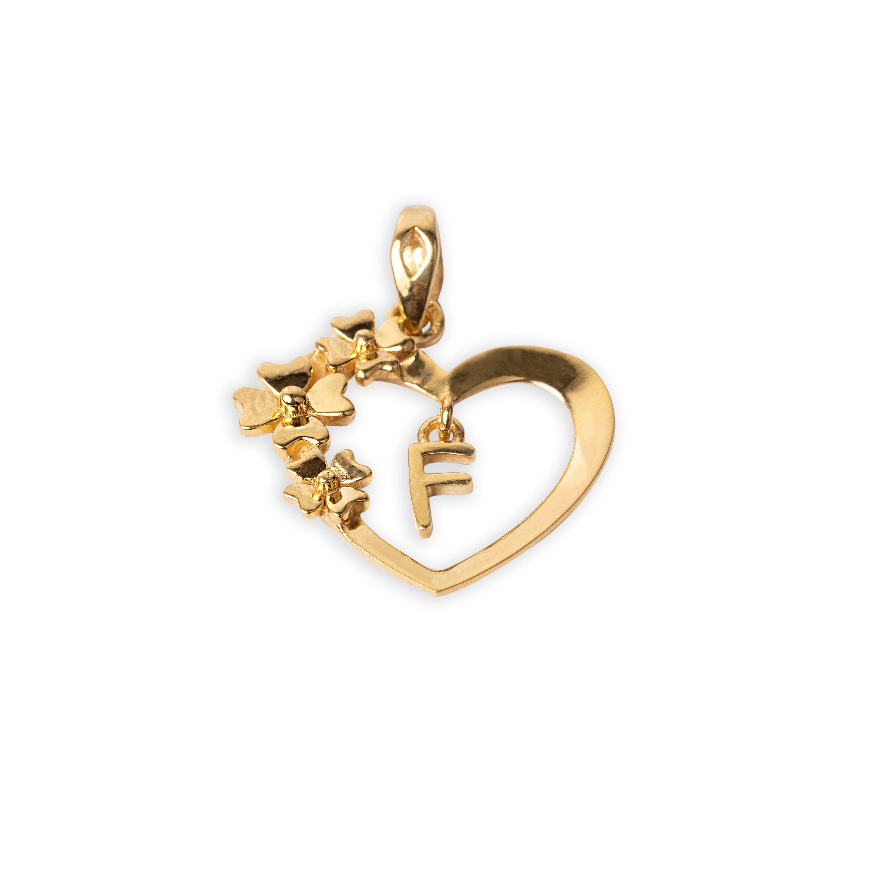 'F' 22ct Gold Heart Shape Initial Pendant with Flower Design P-7035-F - Minar Jewellers
