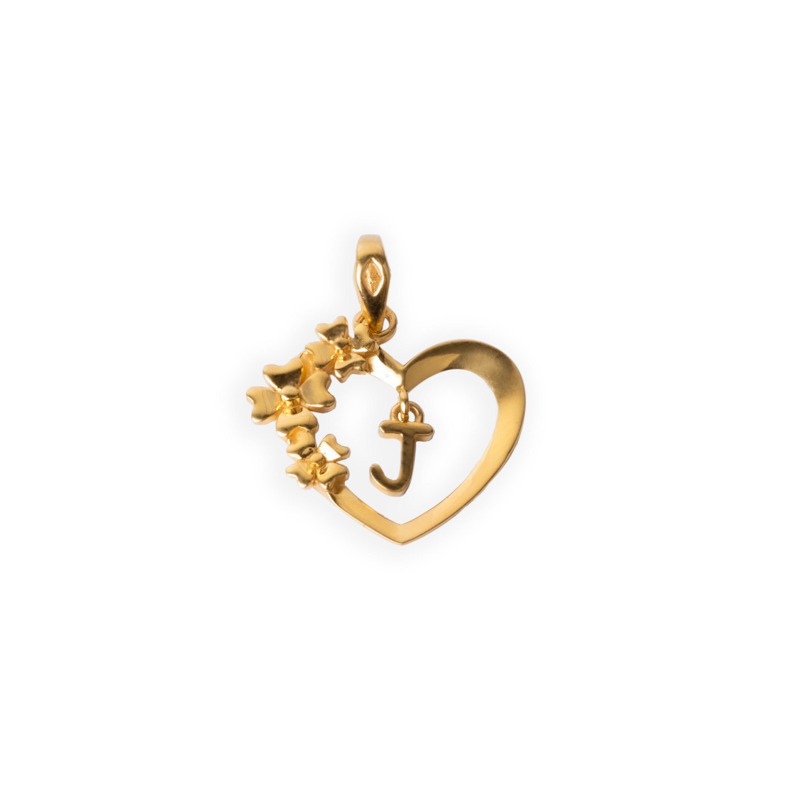 'J' 22ct Gold Heart Shape Initial Pendant with Flower Design P-7035-J - Minar Jewellers