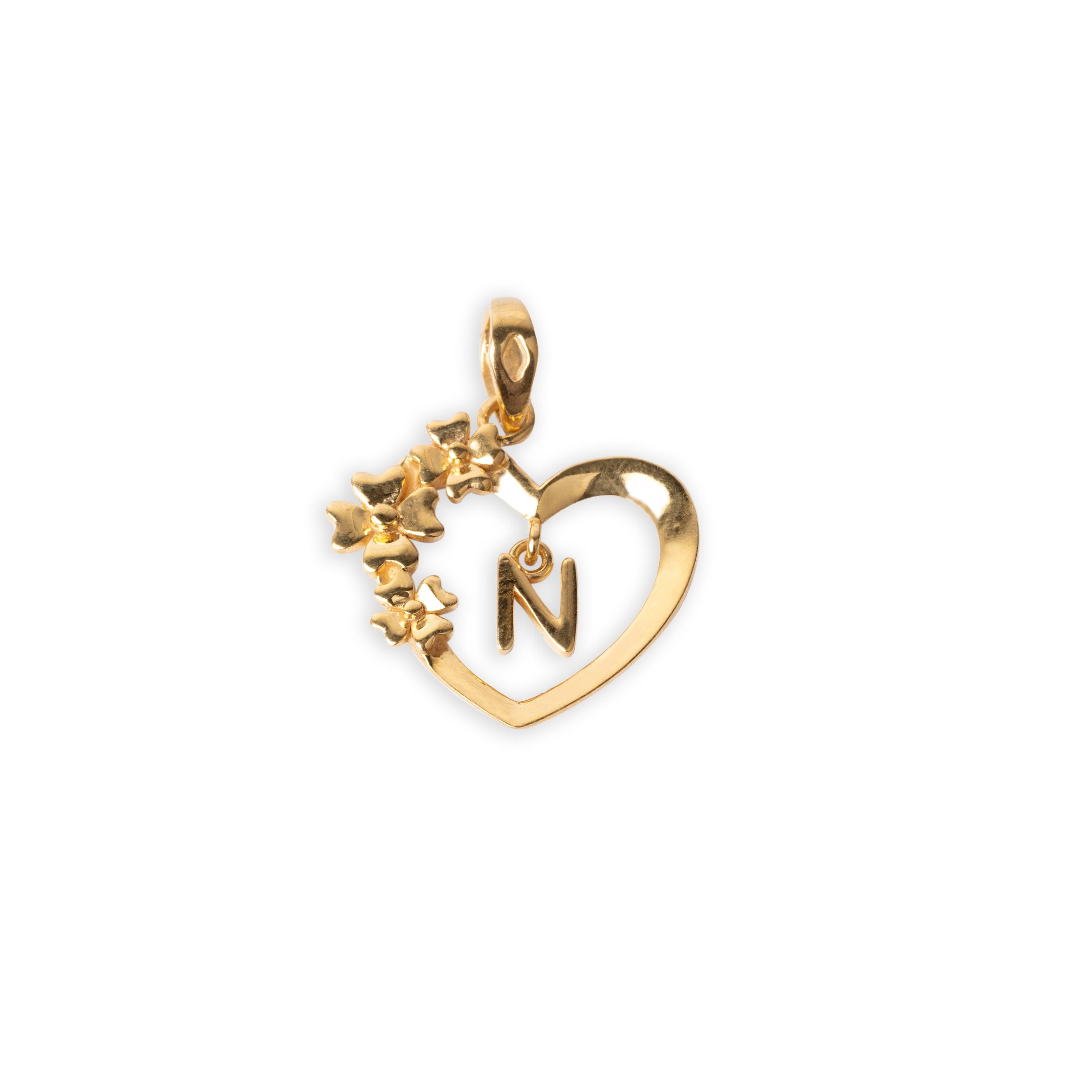 'N' 22ct Gold Heart Shape Initial Pendant with Flower Design P-7035-N - Minar Jewellers