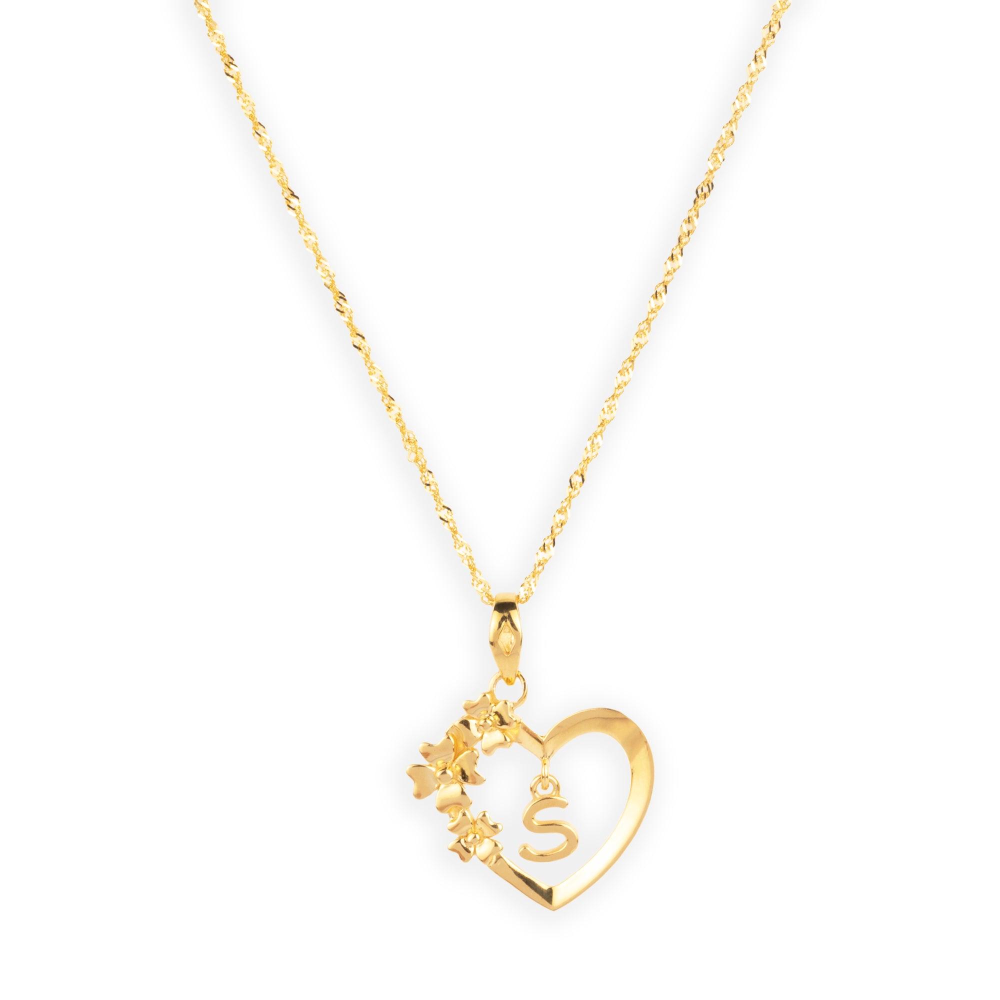 'S' 22ct Gold Heart Shape Initial Pendant with Flower Design P-7035-S - Minar Jewellers