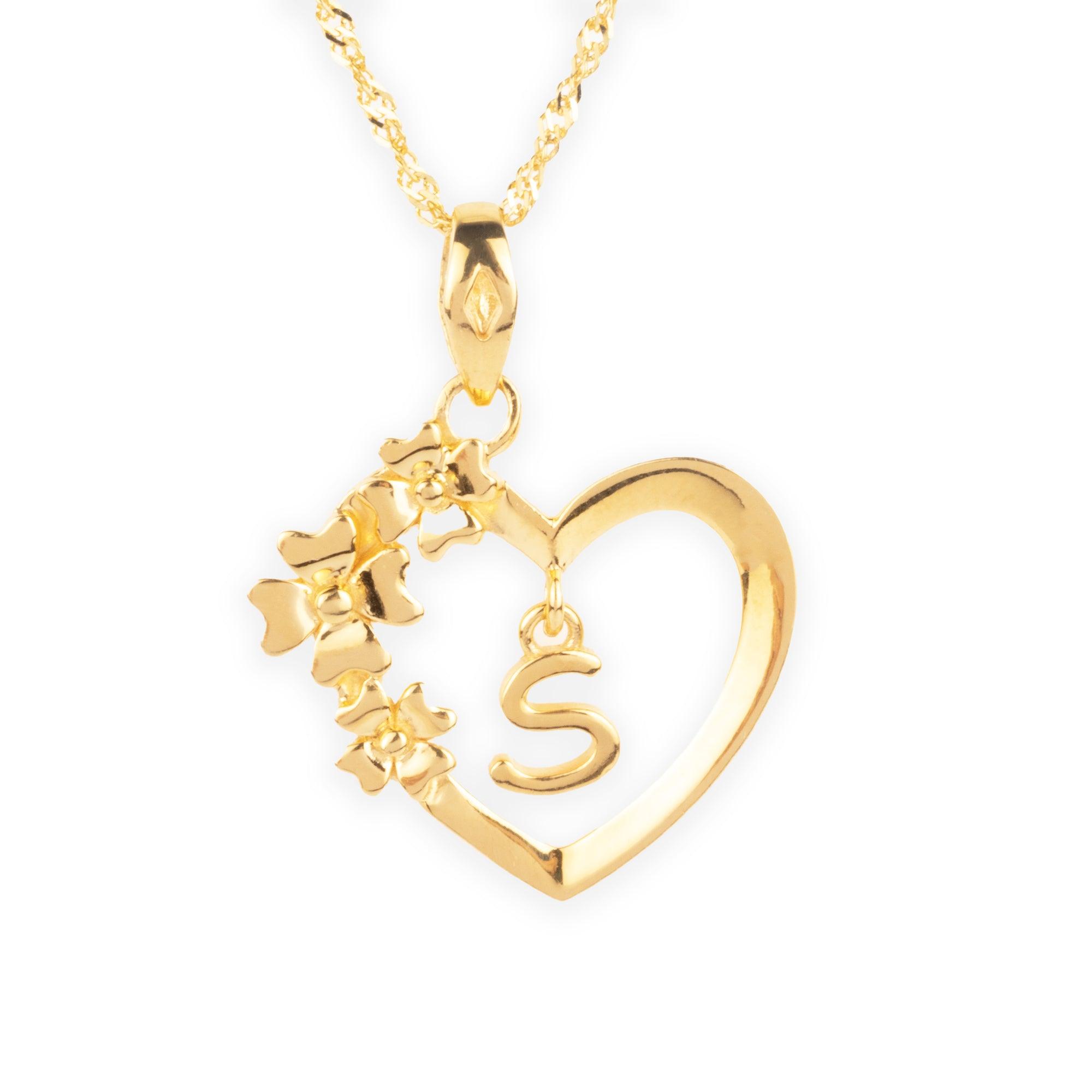 'S' 22ct Gold Heart Shape Initial Pendant with Flower Design P-7035-S - Minar Jewellers