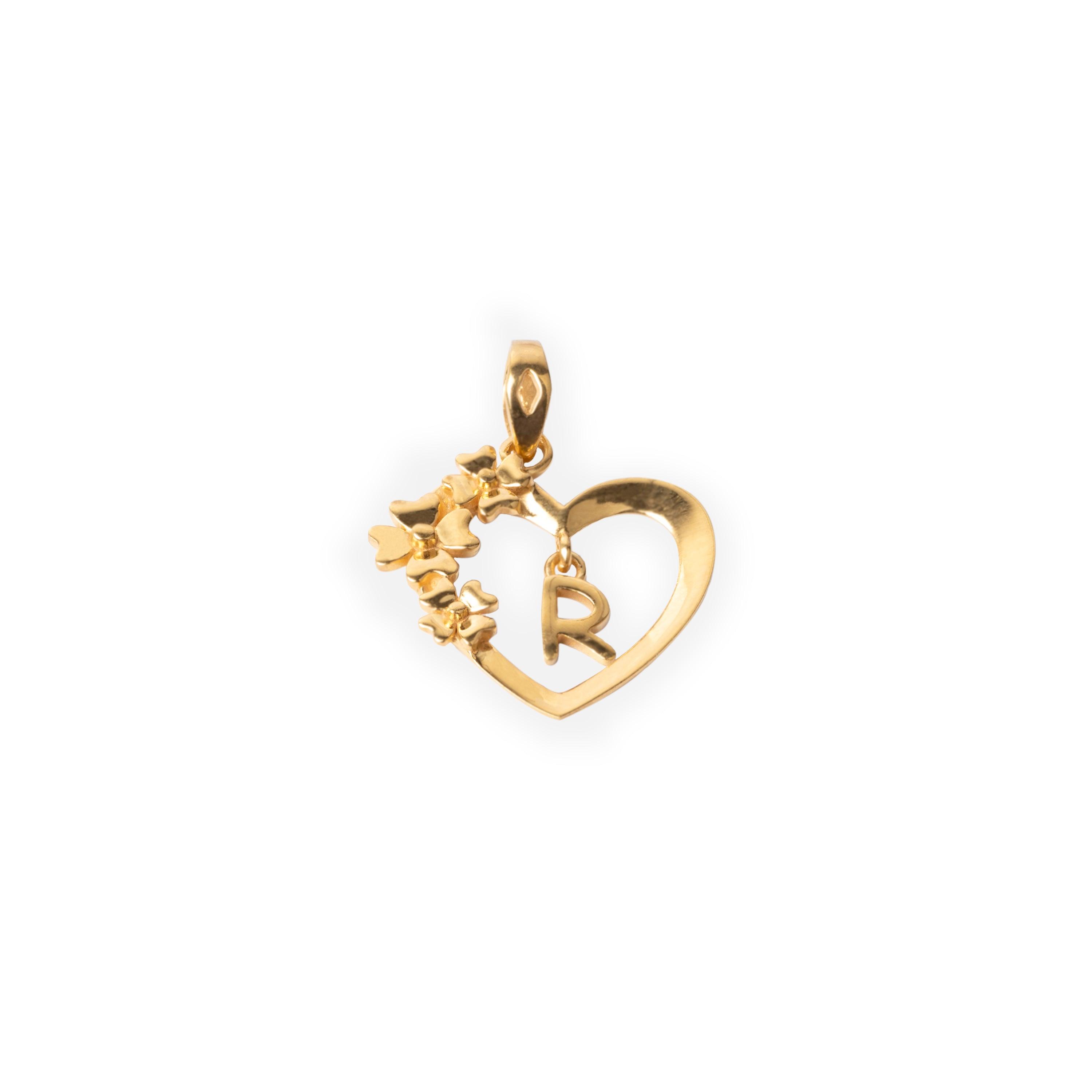'R' 22ct Gold Heart Shape Initial Pendant with Flower Design P-7035-R - Minar Jewellers