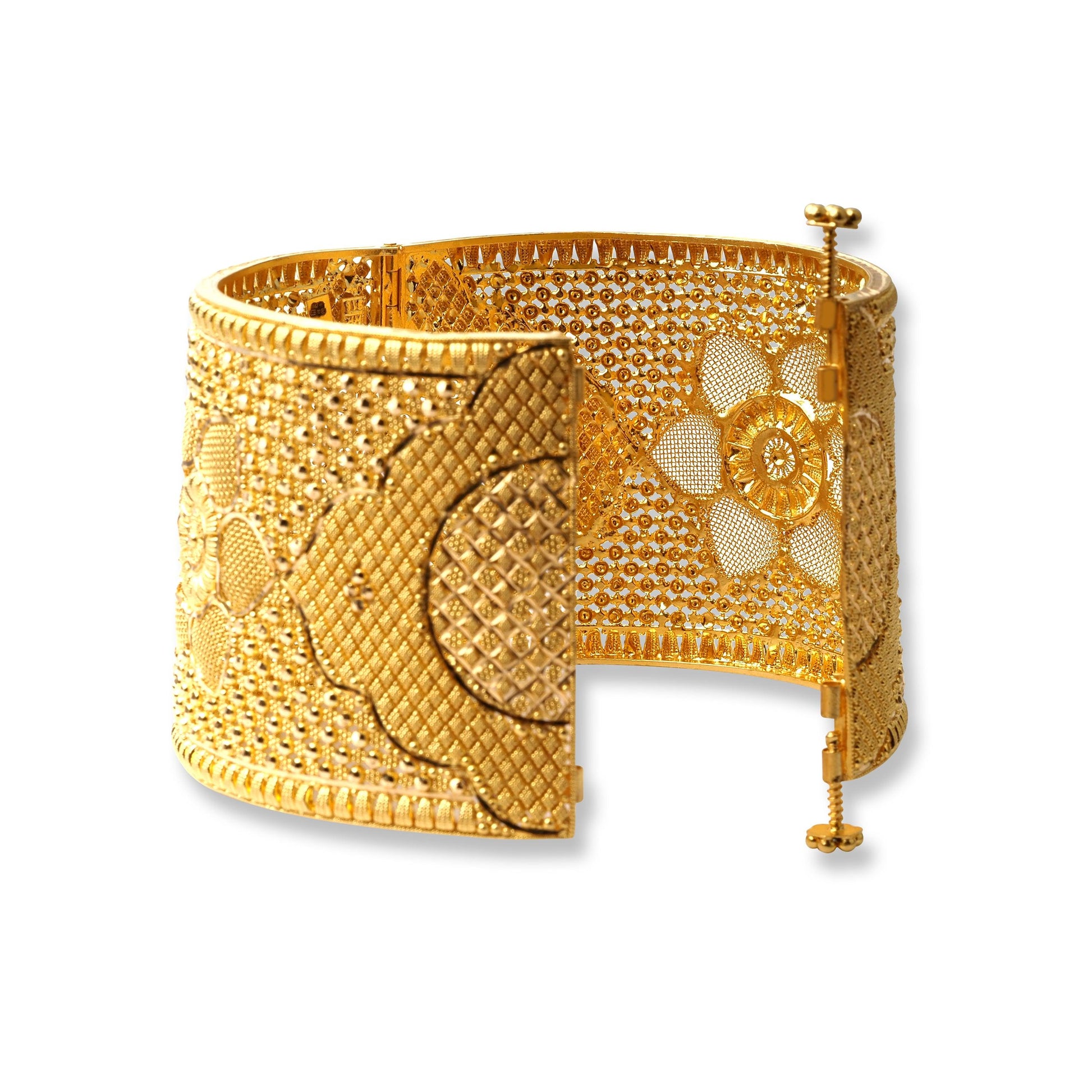 22ct Gold Openable Filigree Design Cuff Bangle with Screw Lock (73.4g) B-8049 - Minar Jewellers