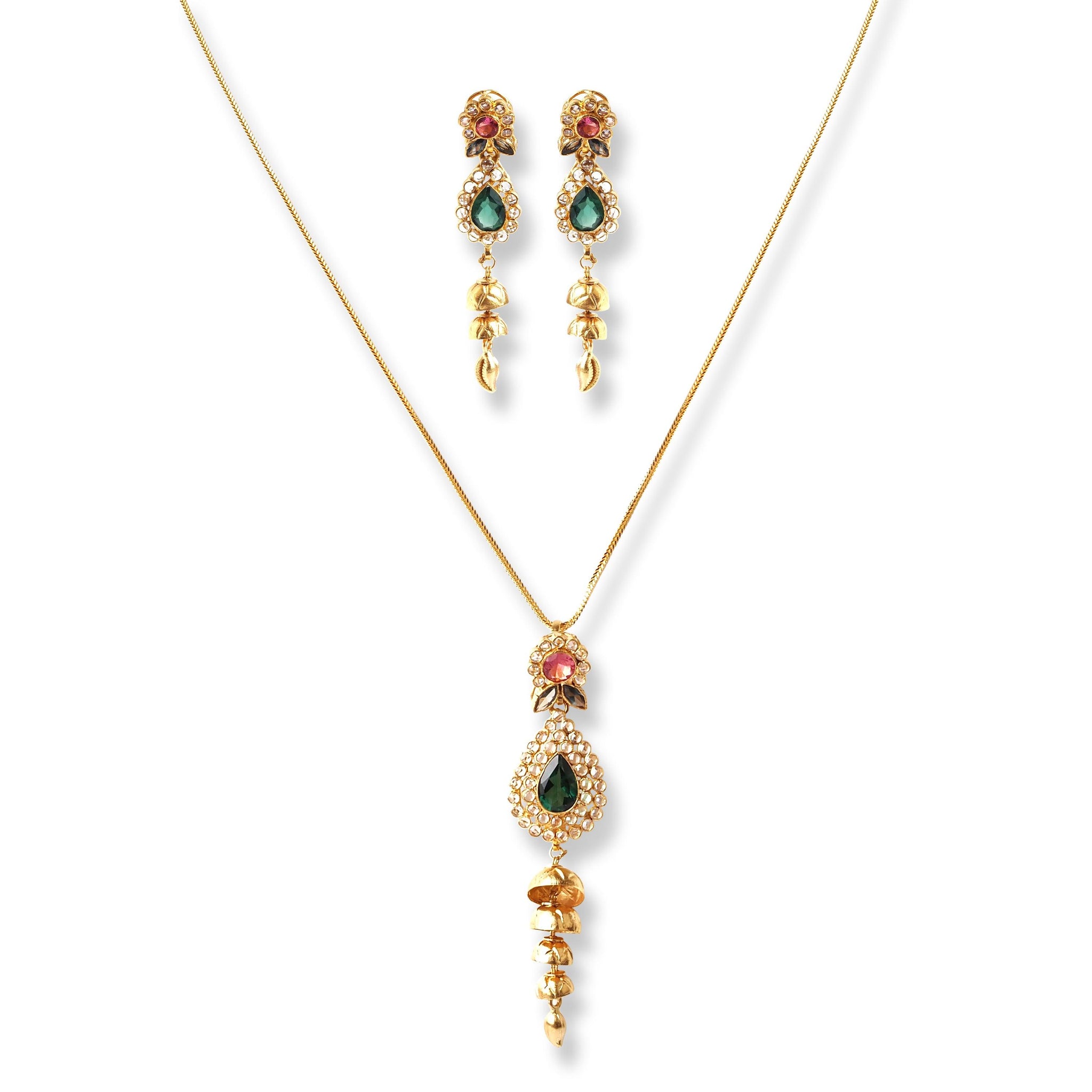 22ct Gold Set with Green, Pink & White Cubic Zirconia Stones (Pendant + Chain + Drop Earrings) (18.6g)