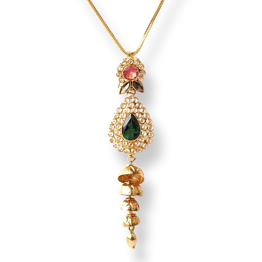 22ct Gold Set with Green, Pink & White Cubic Zirconia Stones (Pendant + Chain + Drop Earrings) (18.6g) - Minar Jewellers