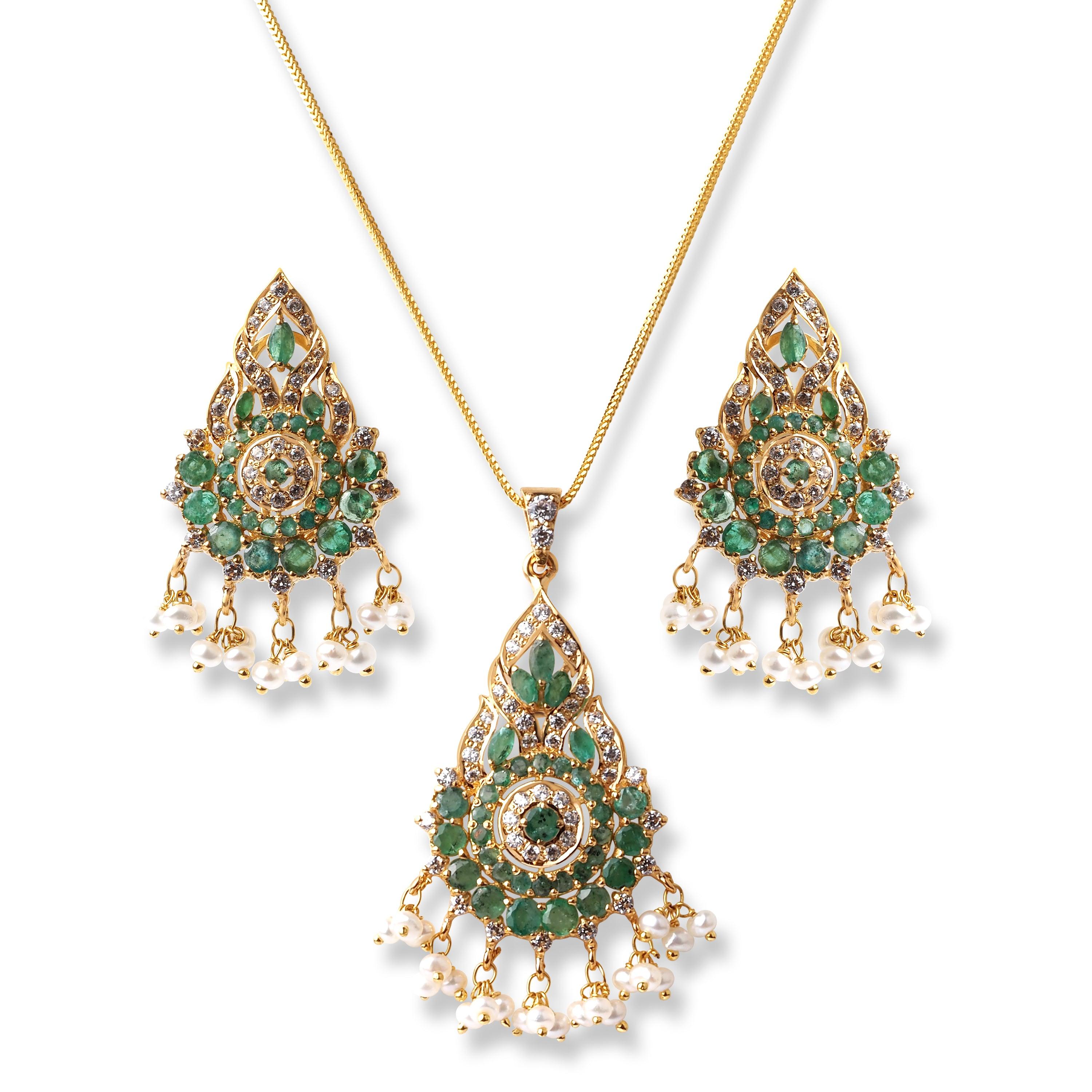22ct Gold Set with Green Cubic Zirconia Stones & Cultured Pearls (Pendant + Chain + Earrings) (19.8g) - Minar Jewellers