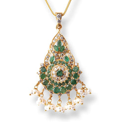22ct Gold Set with Green Cubic Zirconia Stones & Cultured Pearls (Pendant + Chain + Earrings) (19.8g) - Minar Jewellers