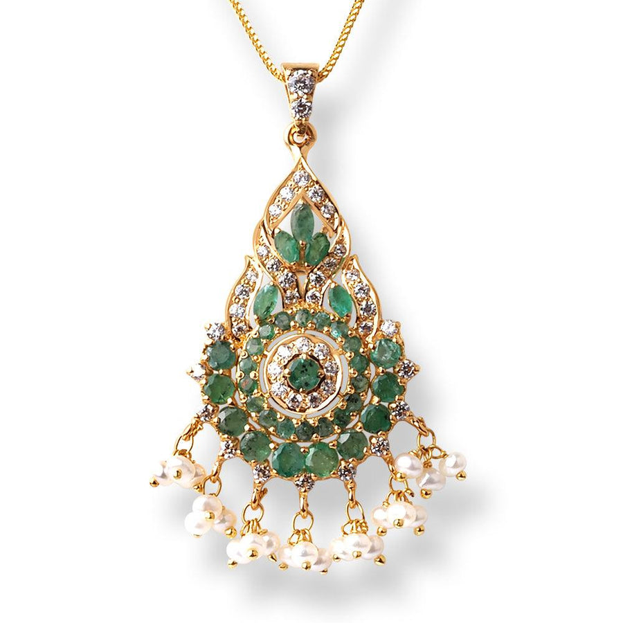 22ct Gold Set with Green Cubic Zirconia Stones & Cultured Pearls (Pendant + Chain + Earrings) (19.8g)