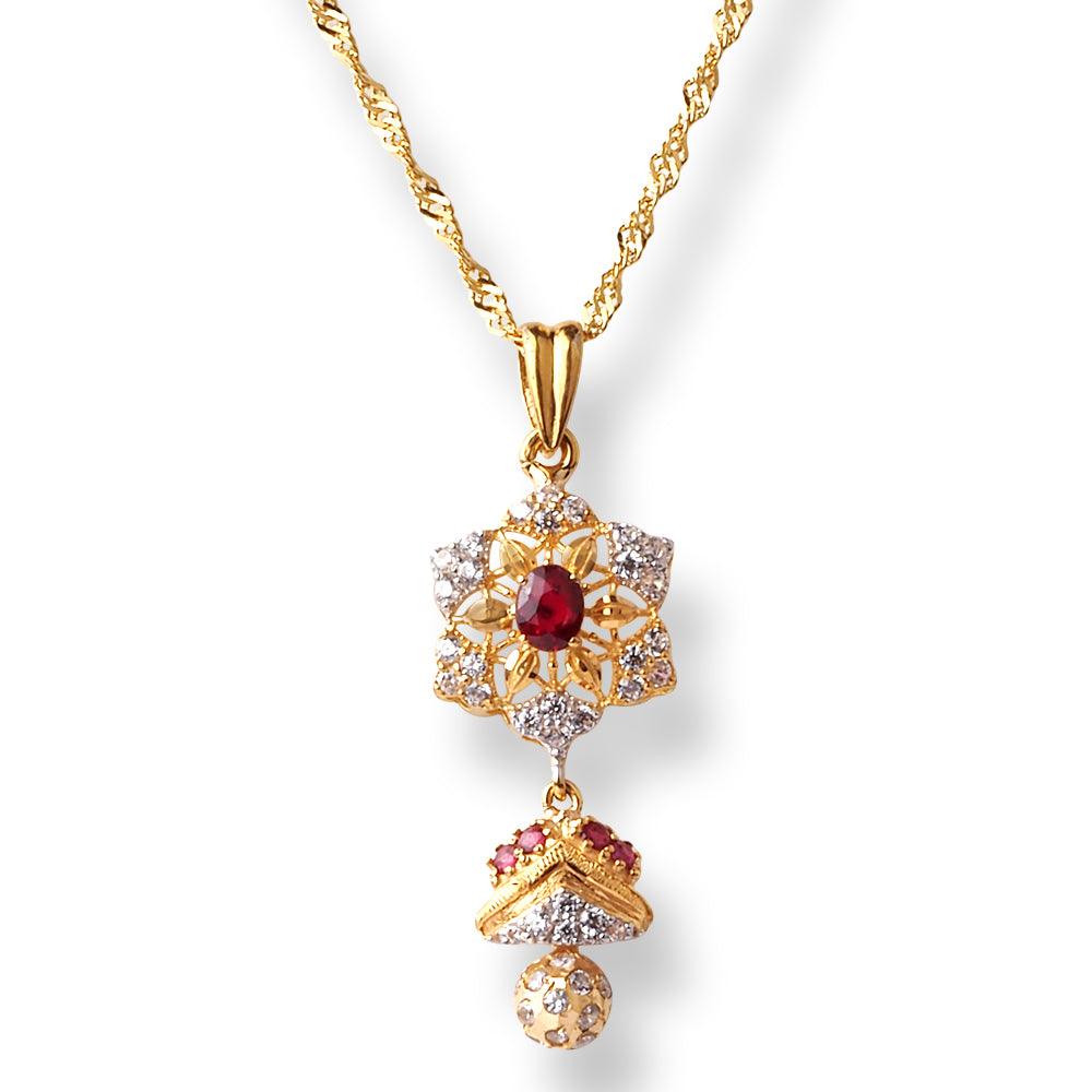 22ct Gold White & Red Cubic Zirconia with Drop Design Chain, Pendant and Earrings Set (13.8g) C-2803 P-7793 E-7793