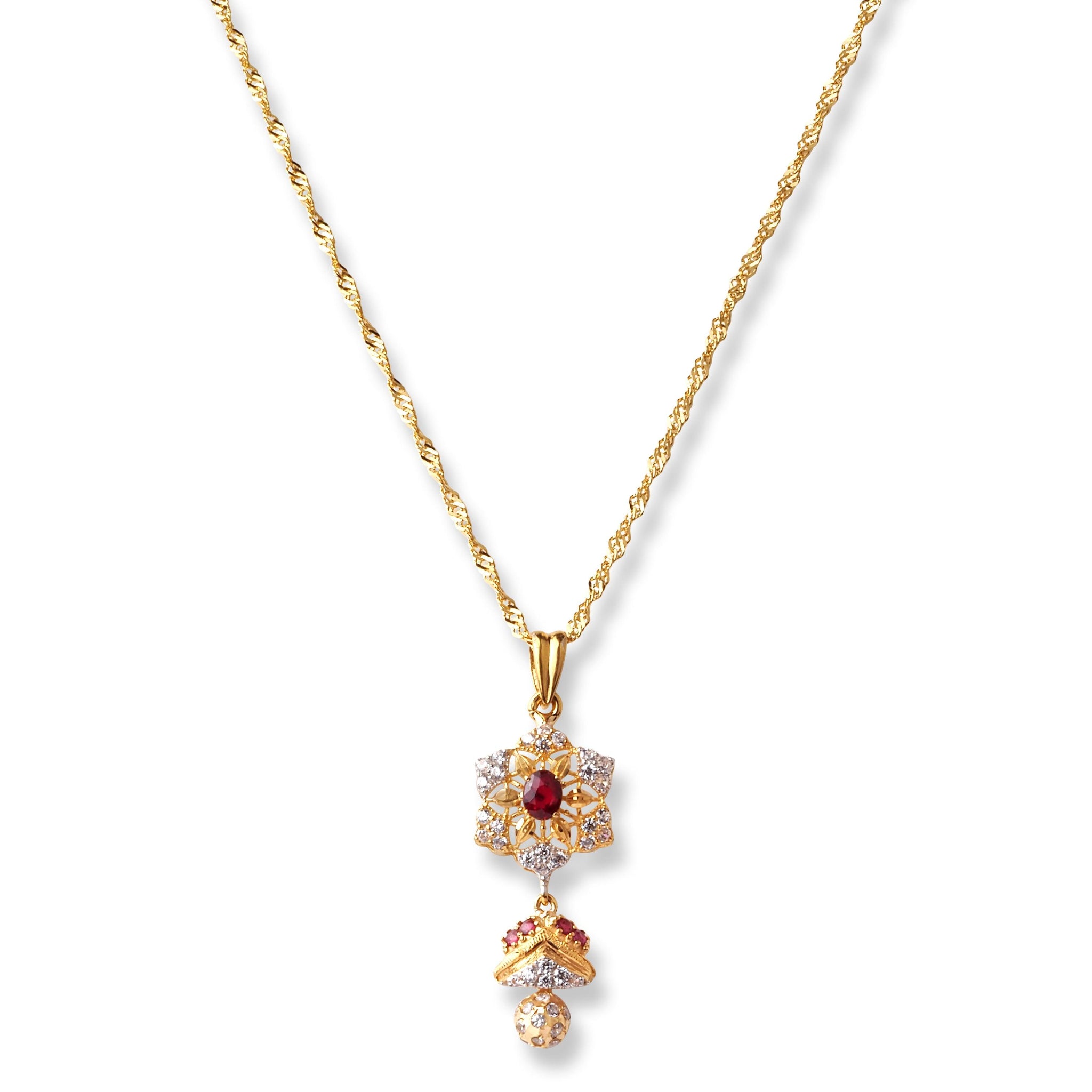 22ct Gold White & Red Cubic Zirconia with Drop Design Chain, Pendant and Earrings Set (13.8g) C-2803 P-7793 E-7793