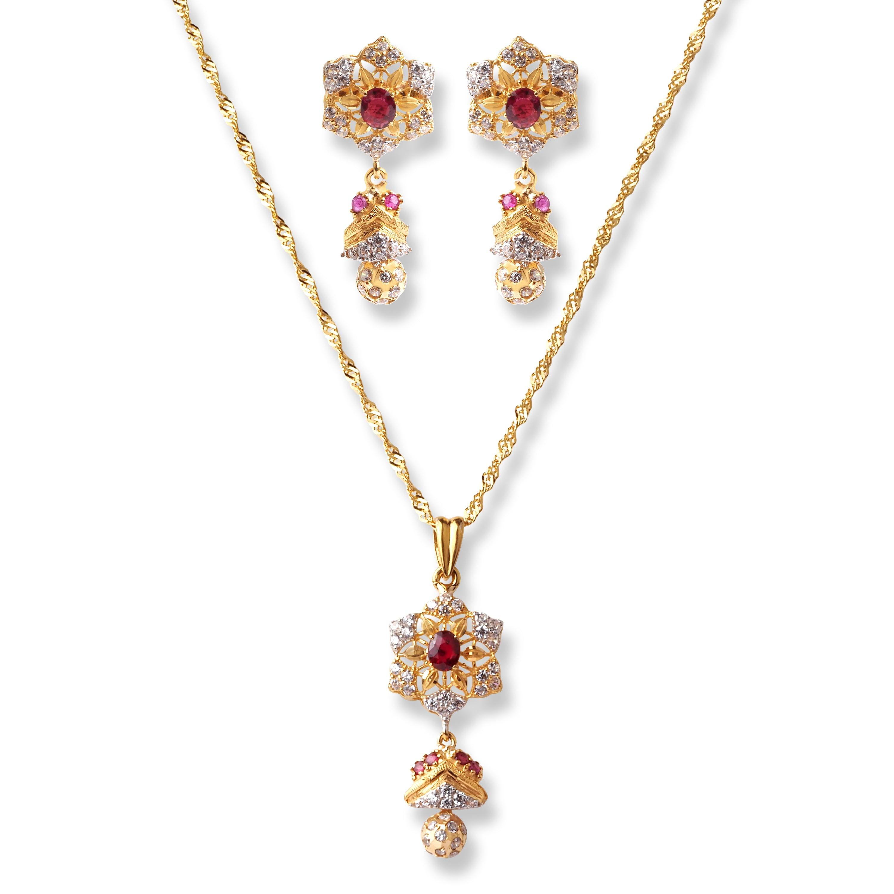 22ct Gold White & Red Cubic Zirconia with Drop Design Chain, Pendant and Earrings Set (13.8g) C-2803 P-7793 E-7793 - Minar Jewellers
