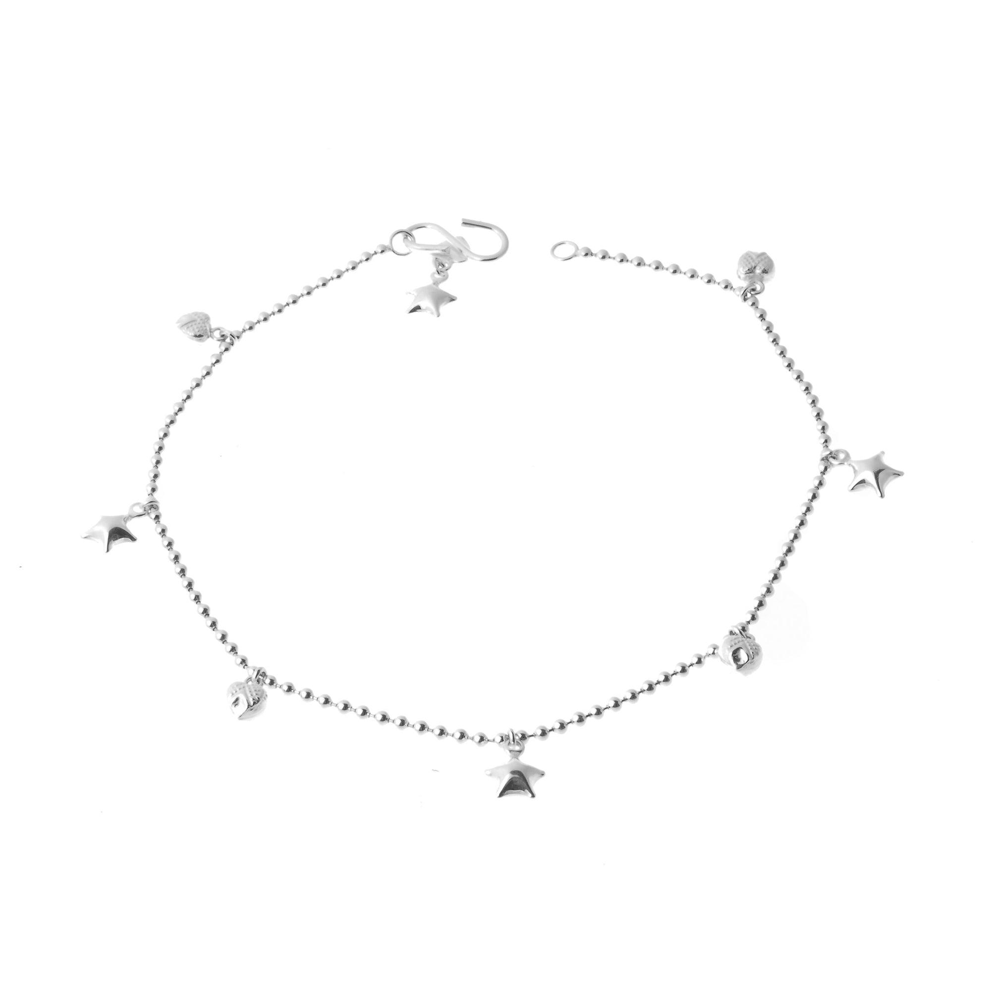 Sterling Silver Beaded Anklets with Heart and Star Bell Charms A-7159 - Minar Jewellers