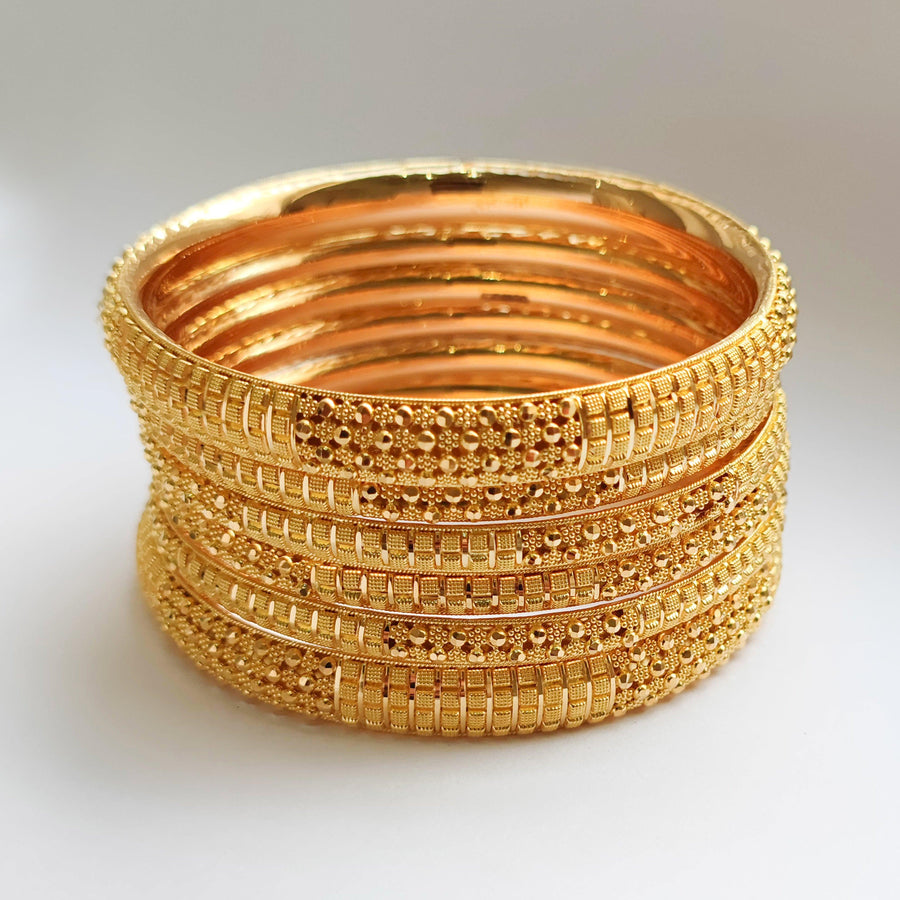 Set of Six 22ct Gold Bangles with Diamond Cut Design and Comfort Fit B-8189