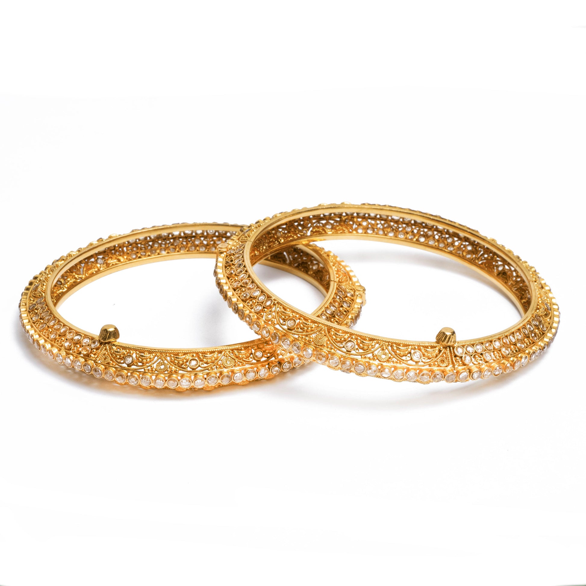 Pair of 22ct Gold Antiquated Look Openable Bangles with Polki Style Stones (71.3g) B-8276 - Minar Jewellers