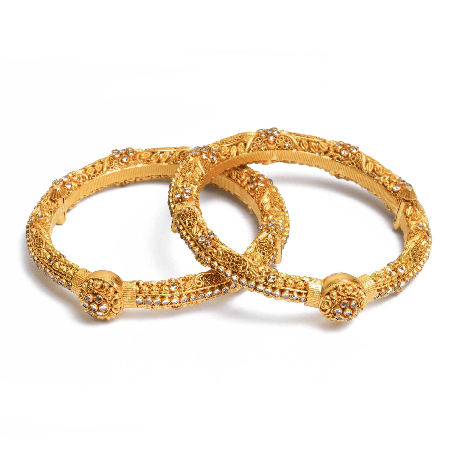 Pair of 22ct Gold Antiquated Look Openable Bangles with Polki Style Stones (71g) B-8277 - Minar Jewellers