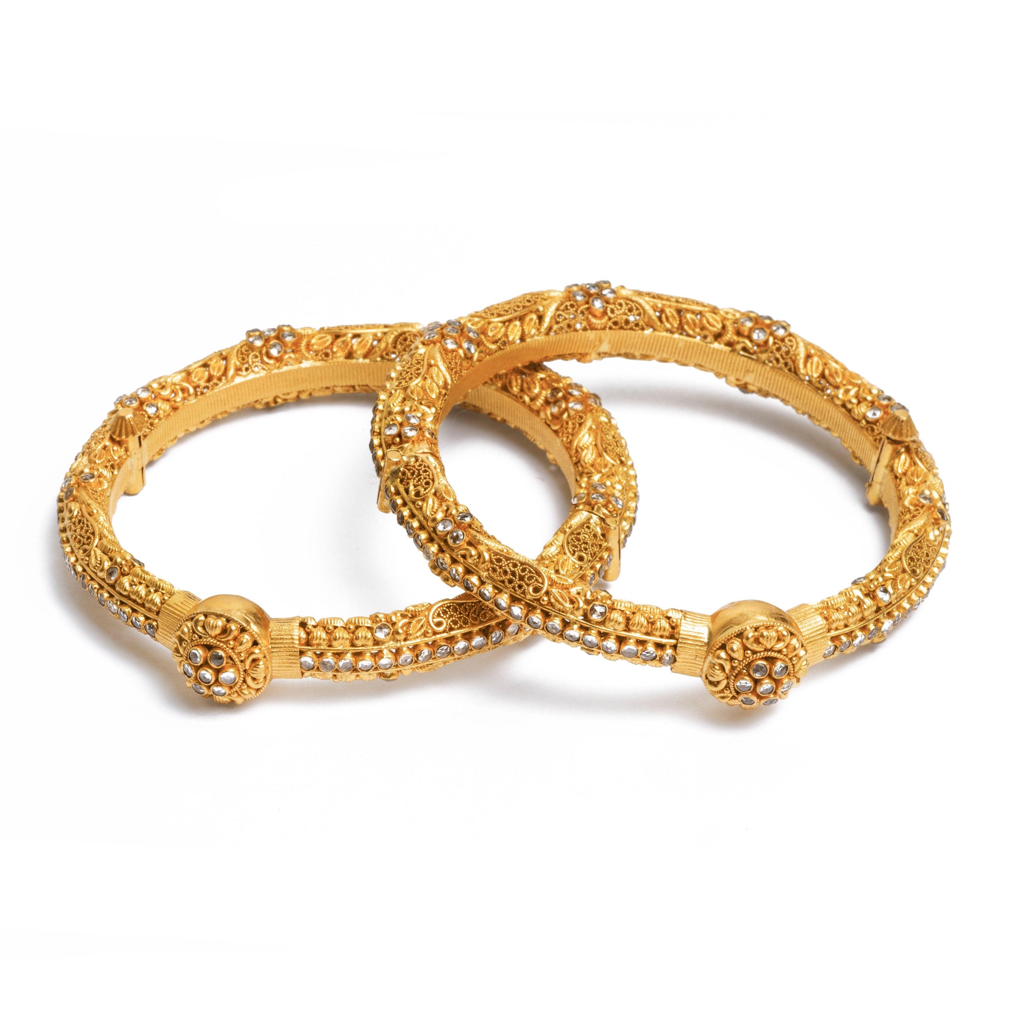 Pair of 22ct Gold Antiquated Look Openable Bangles with Polki Style Stones (71g) B-8277