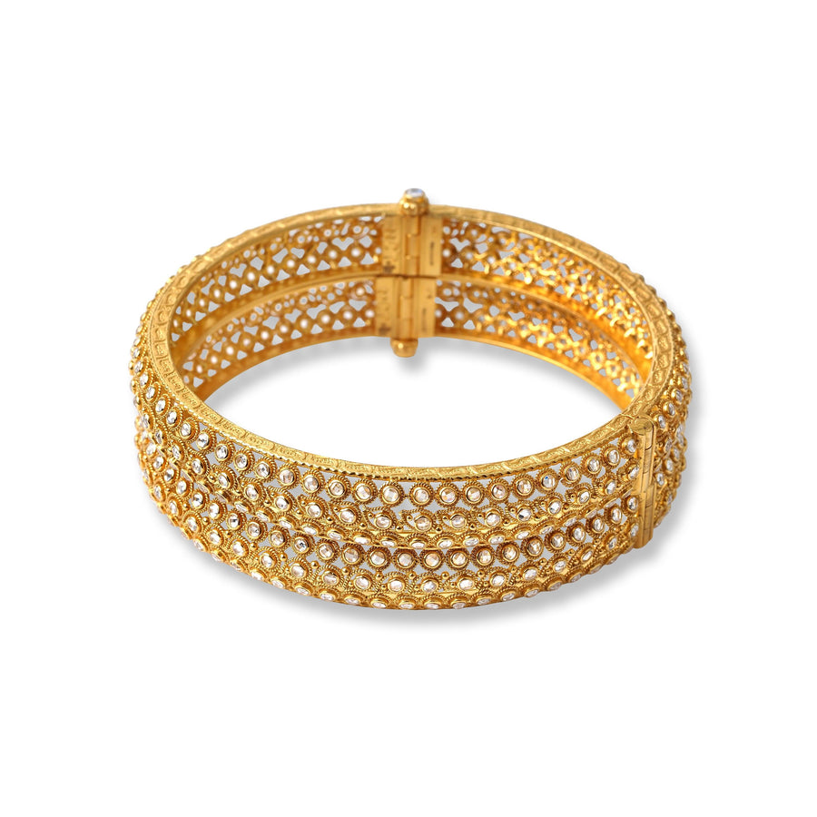 Pair of 22ct Gold Antiquated Look Openable Bangles with Polki Style Stones (56.1g) B-8282