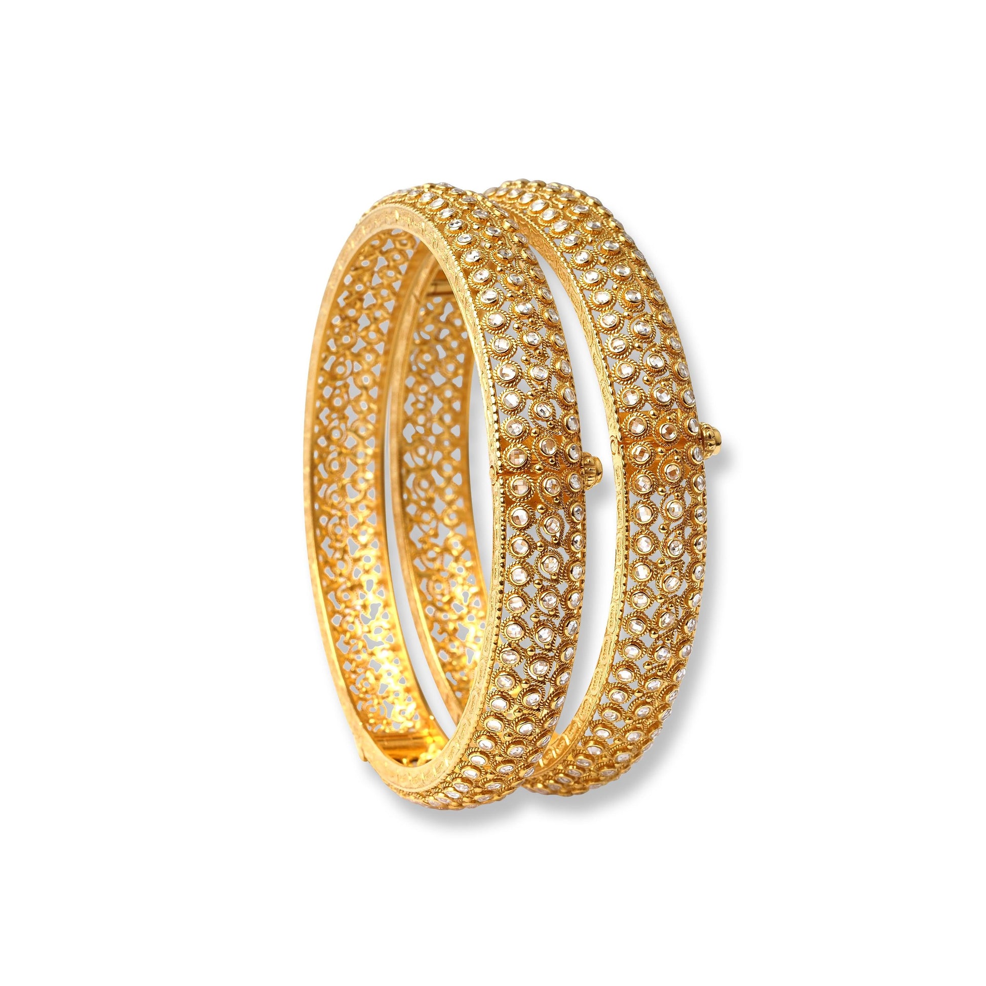 Pair of 22ct Gold Antiquated Look Openable Bangles with Polki Style Stones (56.1g) B-8282 - Minar Jewellers