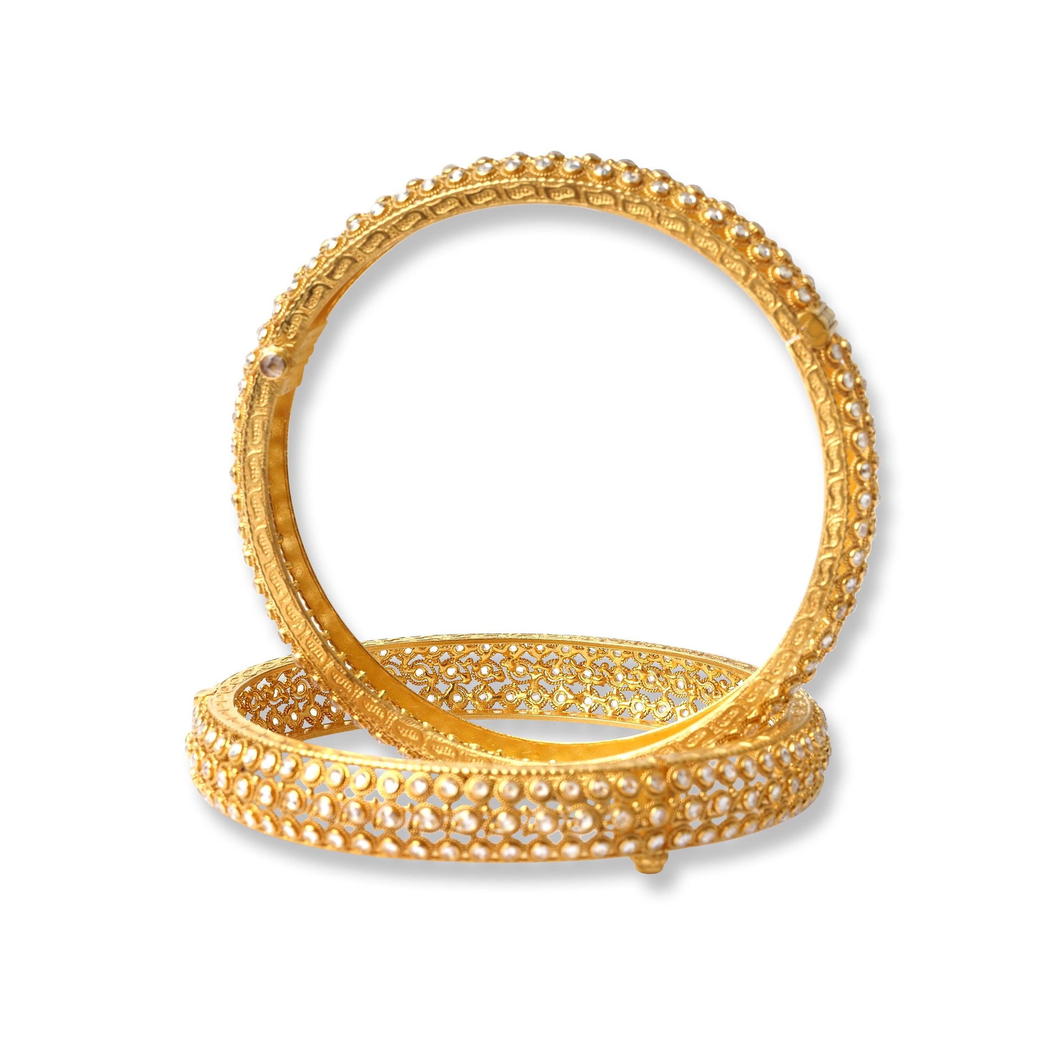 Pair of 22ct Gold Antiquated Look Openable Bangles with Polki Style Stones (56.1g) B-8282