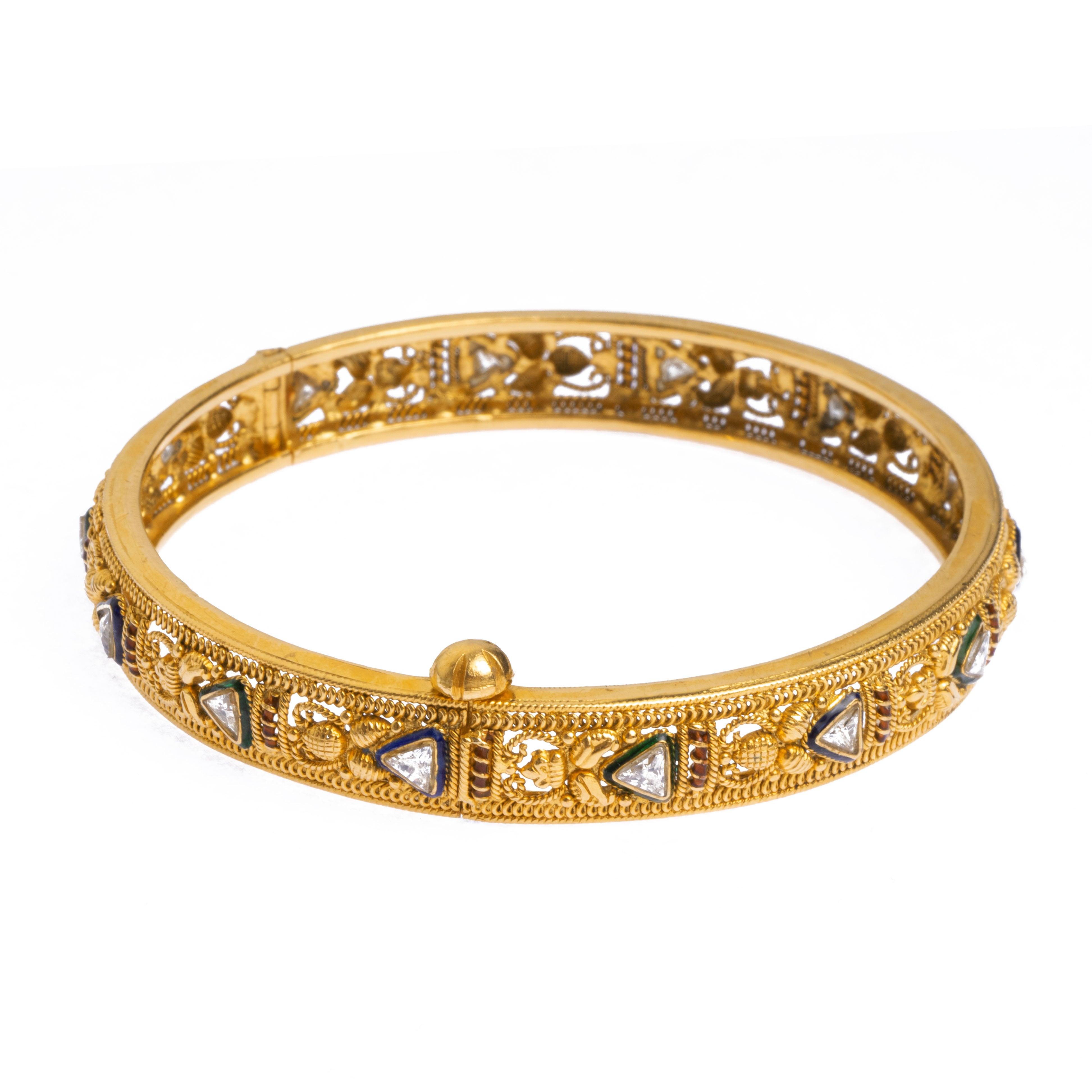 22ct Gold Antiquated Look Openable Bangle with Polki Style Stone (26.2g) B-8286 - Minar Jewellers