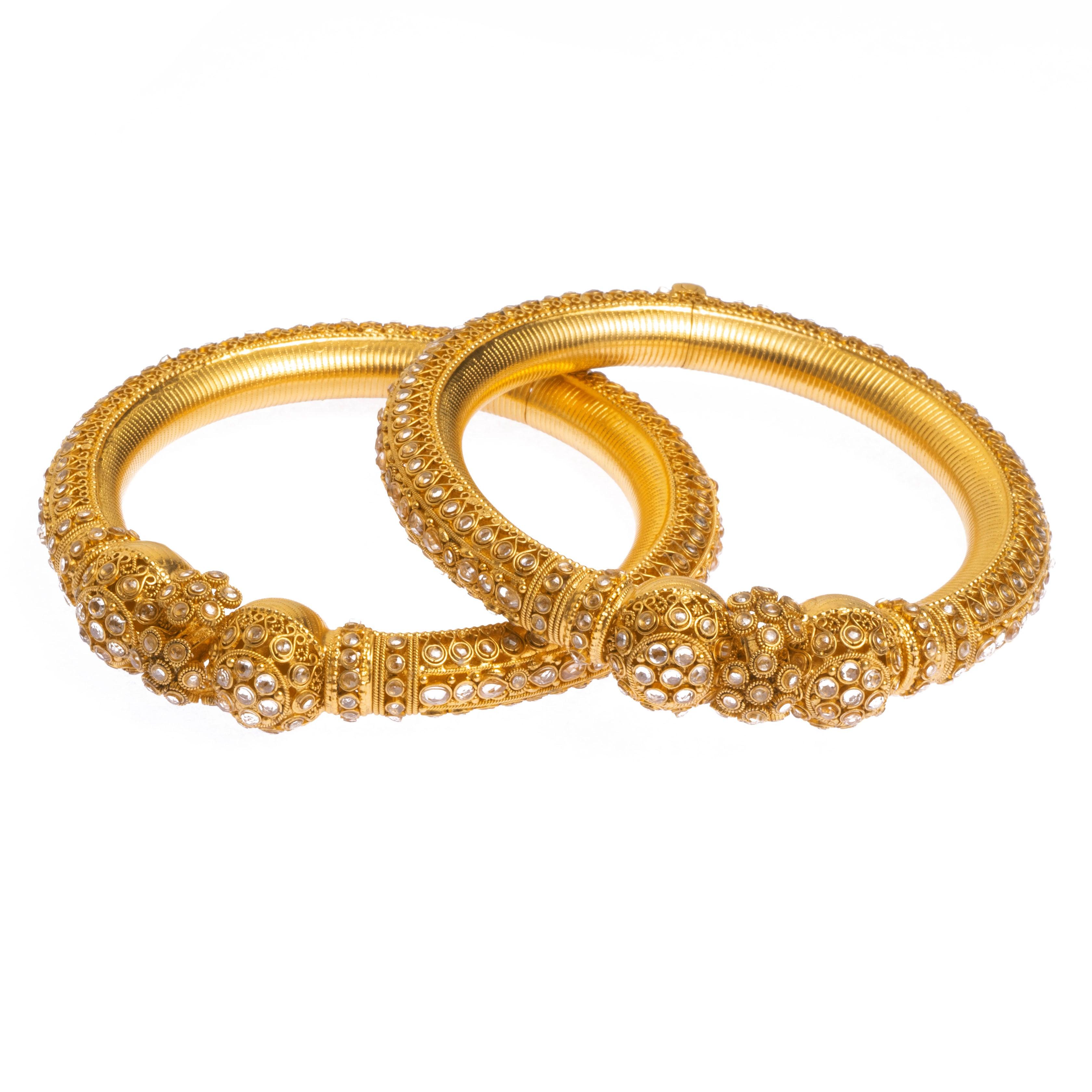 Pair of 22ct Gold Antiquated Look Openable Comfort Fit Bangles with Polki Style Stones B-8287 - Minar Jewellers