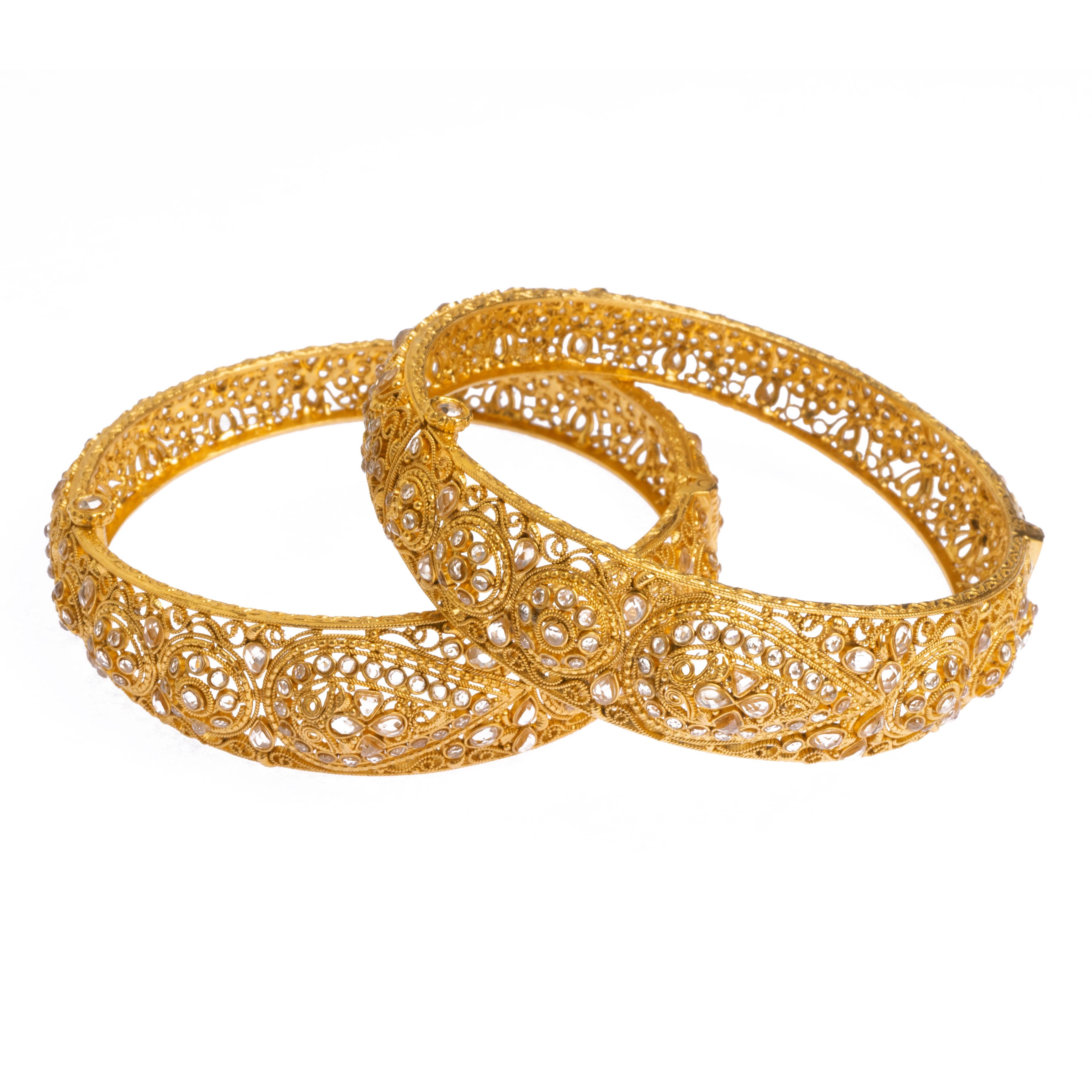 Pair of 22ct Gold Antiquated Look Openable Bangles with Polki Style Stones B-8288 - Minar Jewellers