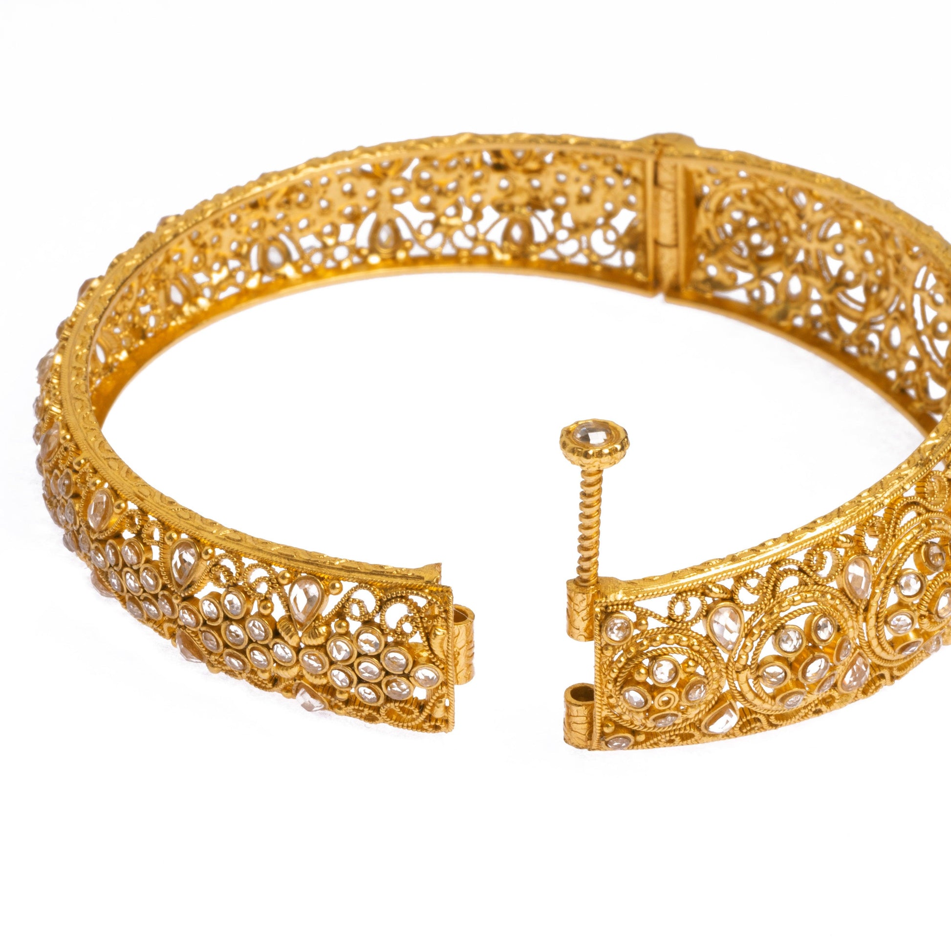 Pair of 22ct Gold Antiquated Look Openable Bangles with Polki Style Stones B-8288 - Minar Jewellers