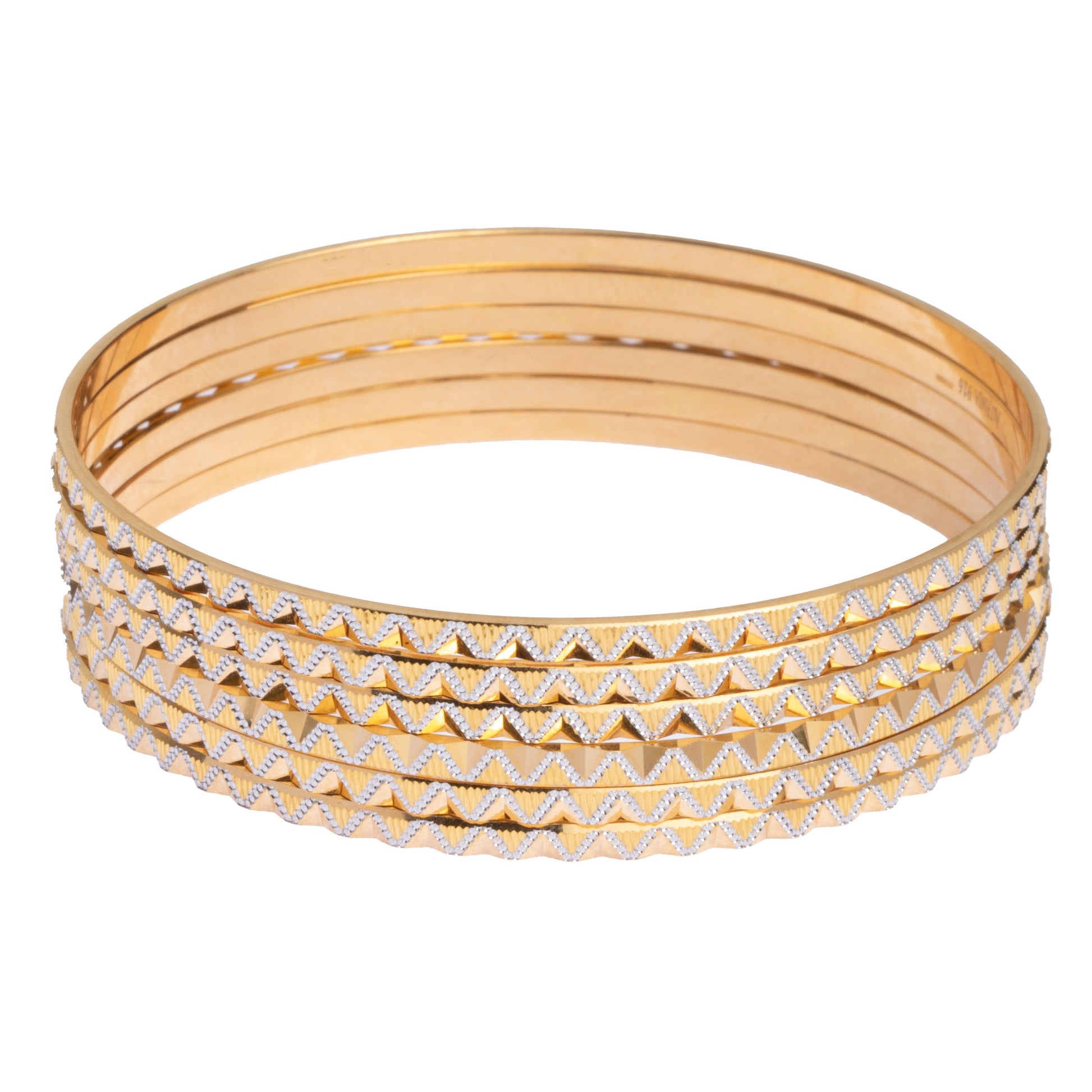 Set of Six 22ct Gold Bangles with Rhodium and Diamond Cut Design (55.8g) B-8309 - Minar Jewellers